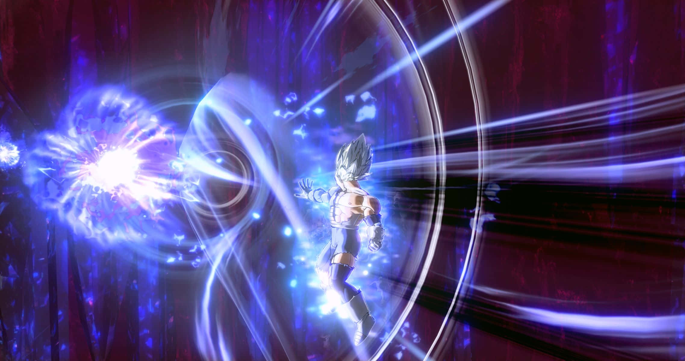 Vegeta Ultra Instinct, glowing blue energy blast, swirling cosmic backdrop, Full HD Desktop Wallpaper