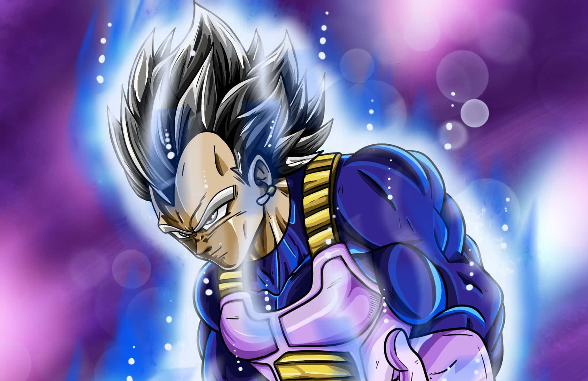 Vegeta Ultra Instinct, blue and purple armor, glows with energy, Full HD Desktop Wallpaper