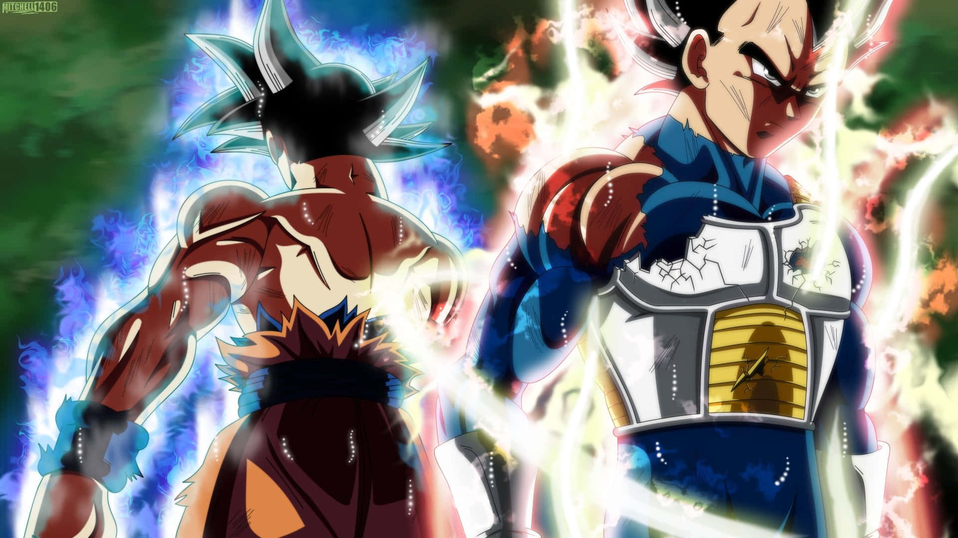 Vegeta Ultra Instinct, blue explosions, fiery orange explosions, Full HD Desktop Wallpaper