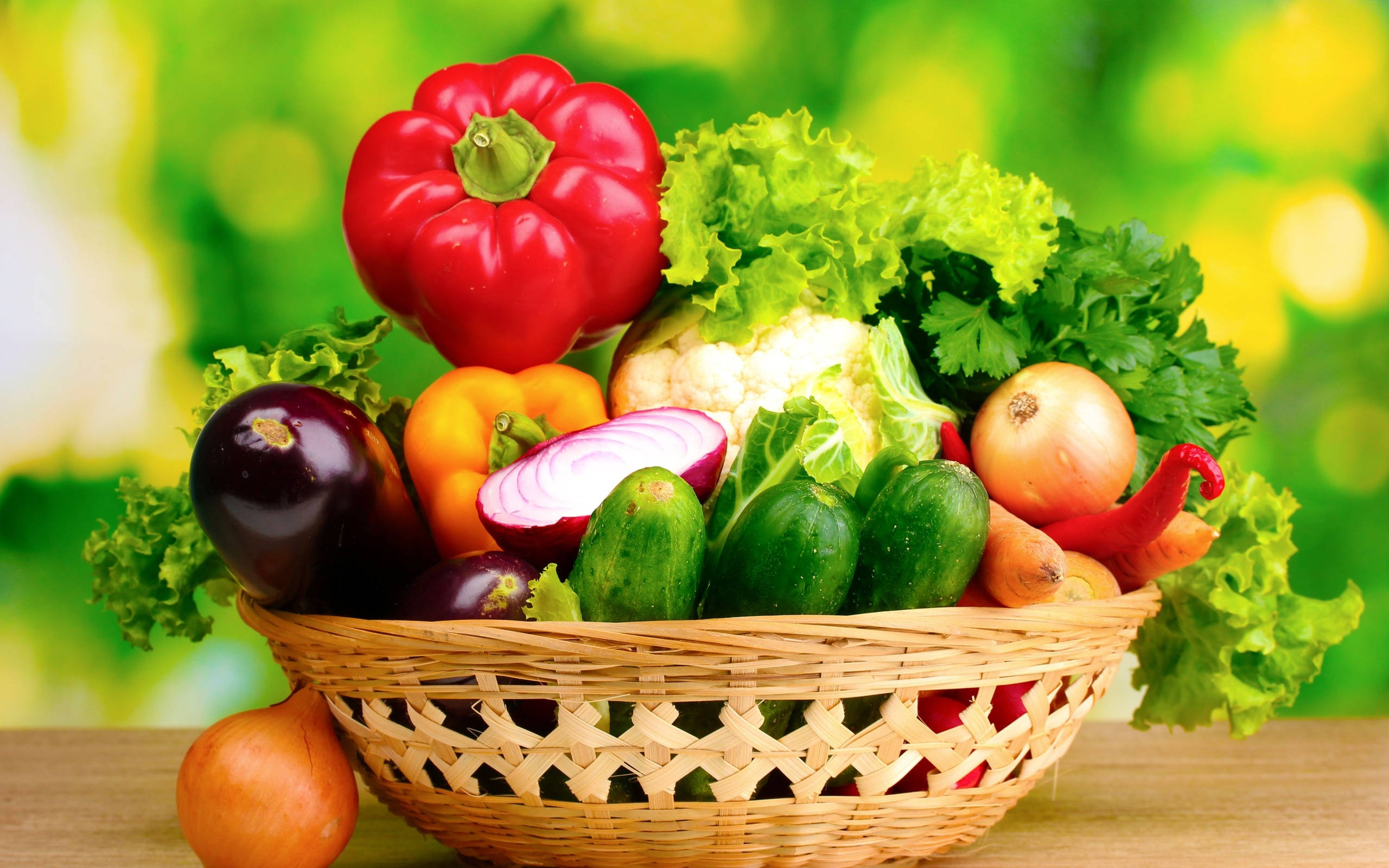 wicker basket, red bell peppers, cucumbers, 2K Desktop Wallpaper