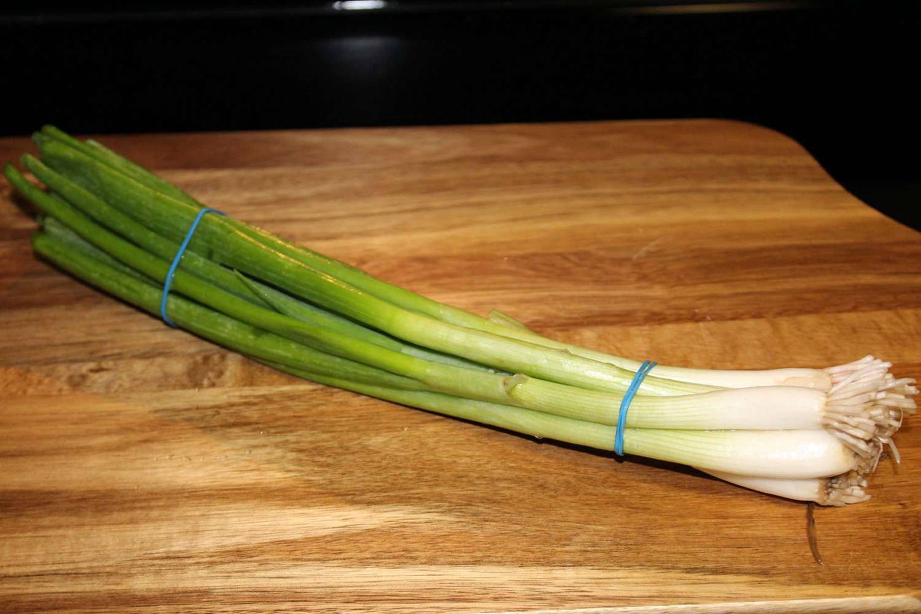 Splendid Long Leaf Green Onion, blue band, warm wooden cutting board, HD Desktop Wallpaper
