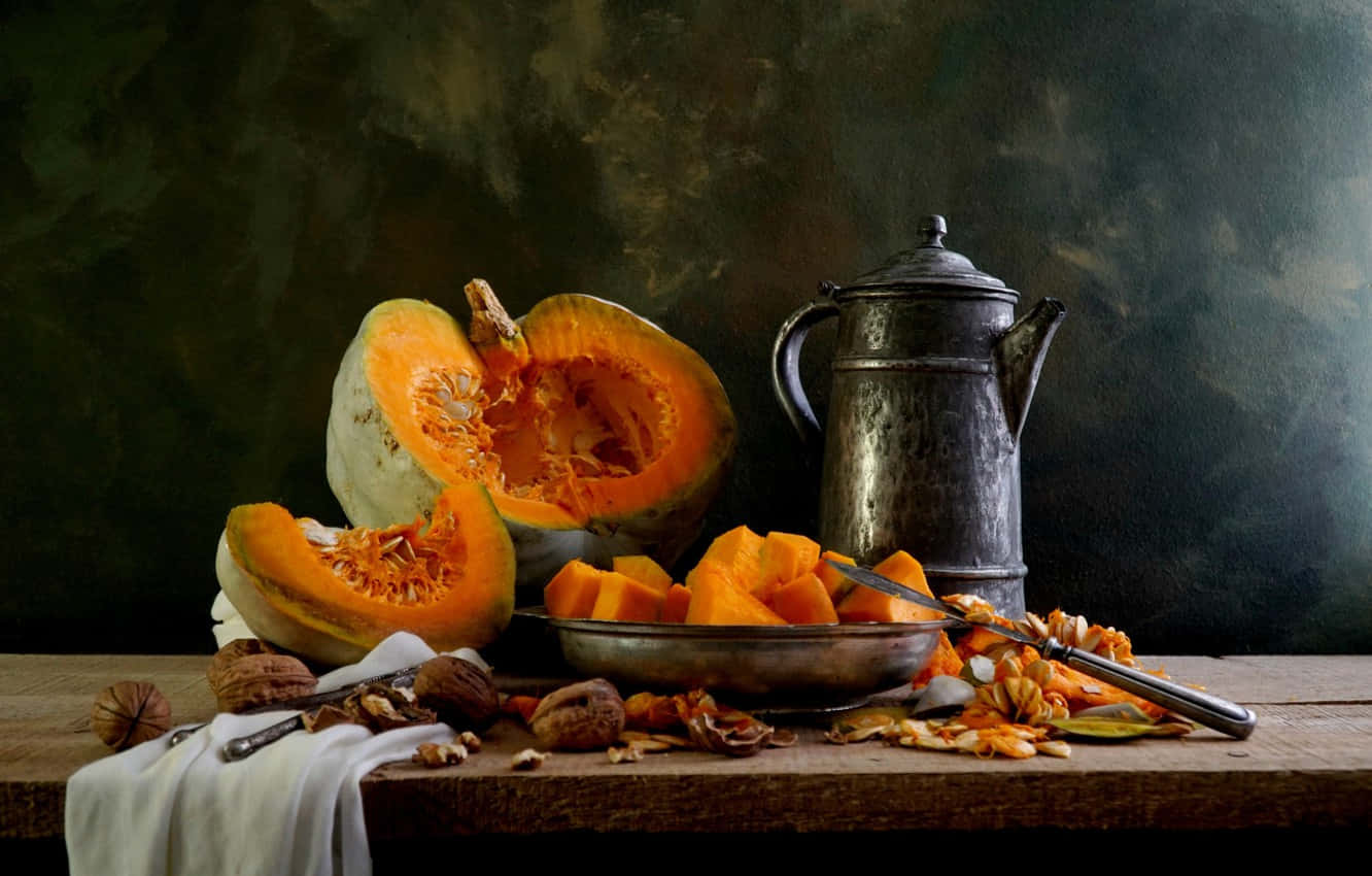squash dice, pumpkins, metal bowl, HD Desktop Wallpaper