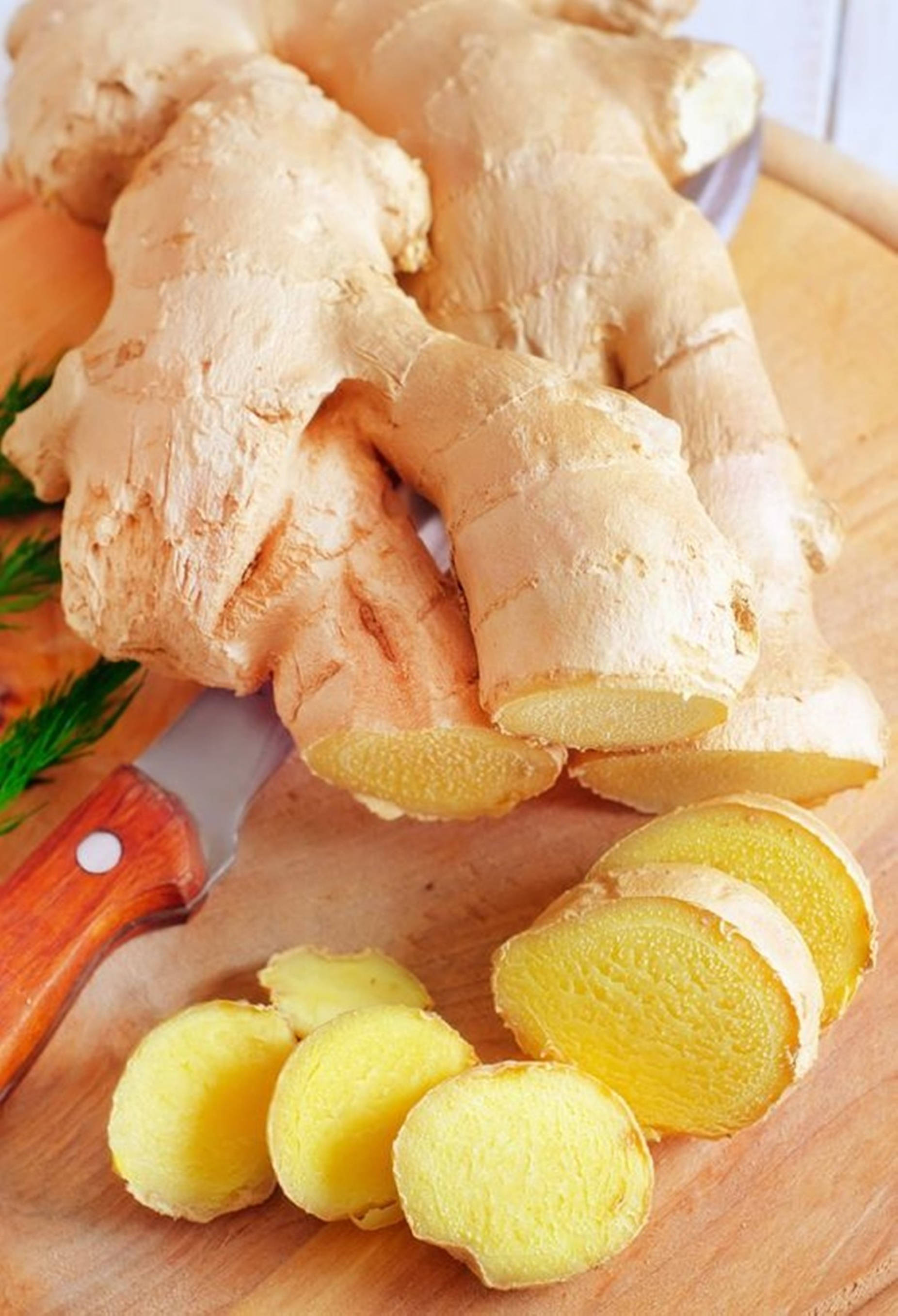 sliced ginger roots, vegetable, chopping board, 2K Phone Wallpaper