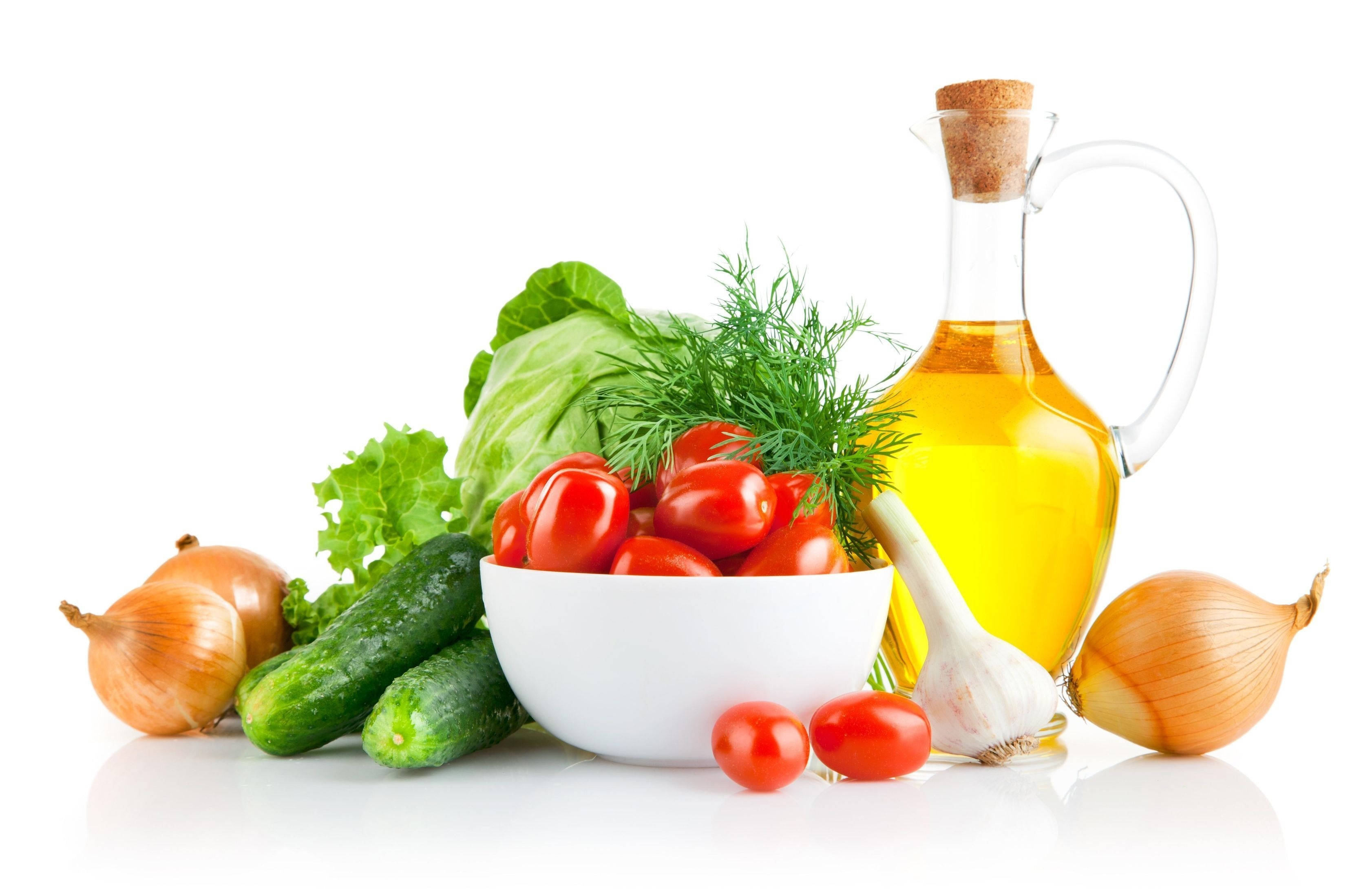 vegetable salad ingredients, fresh vibrant vegetables, olive oil, 2K Desktop Wallpaper