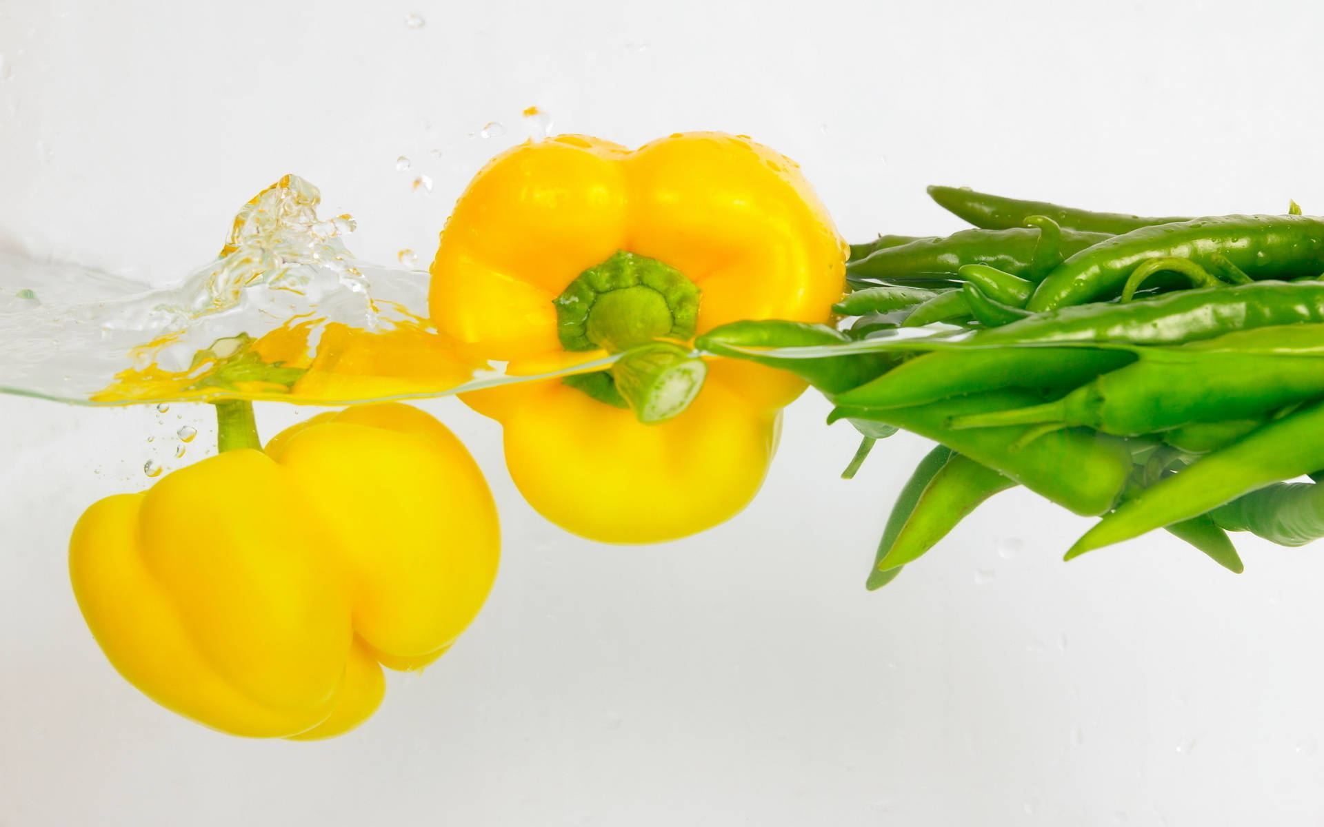 yellow bell peppers, green chili peppers, clear water, Full HD Desktop Wallpaper