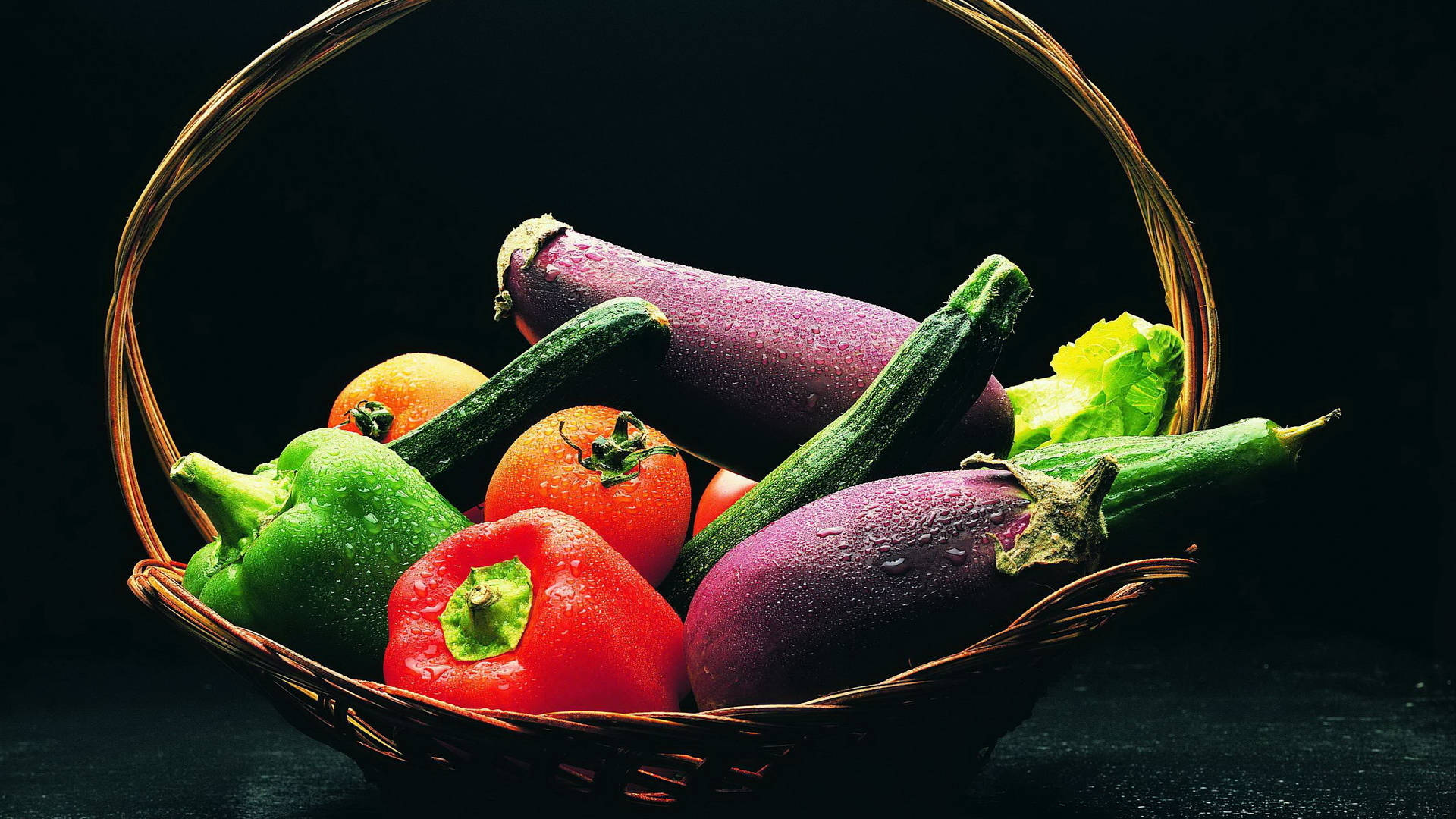 wicker basket, eggplants, zucchini, Full HD Desktop Wallpaper
