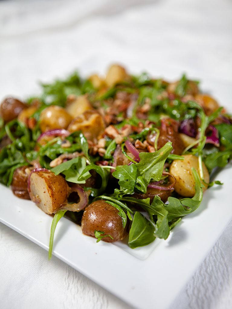 arugula leaves, potato salad, roasted potatoes, SD Phone Wallpaper