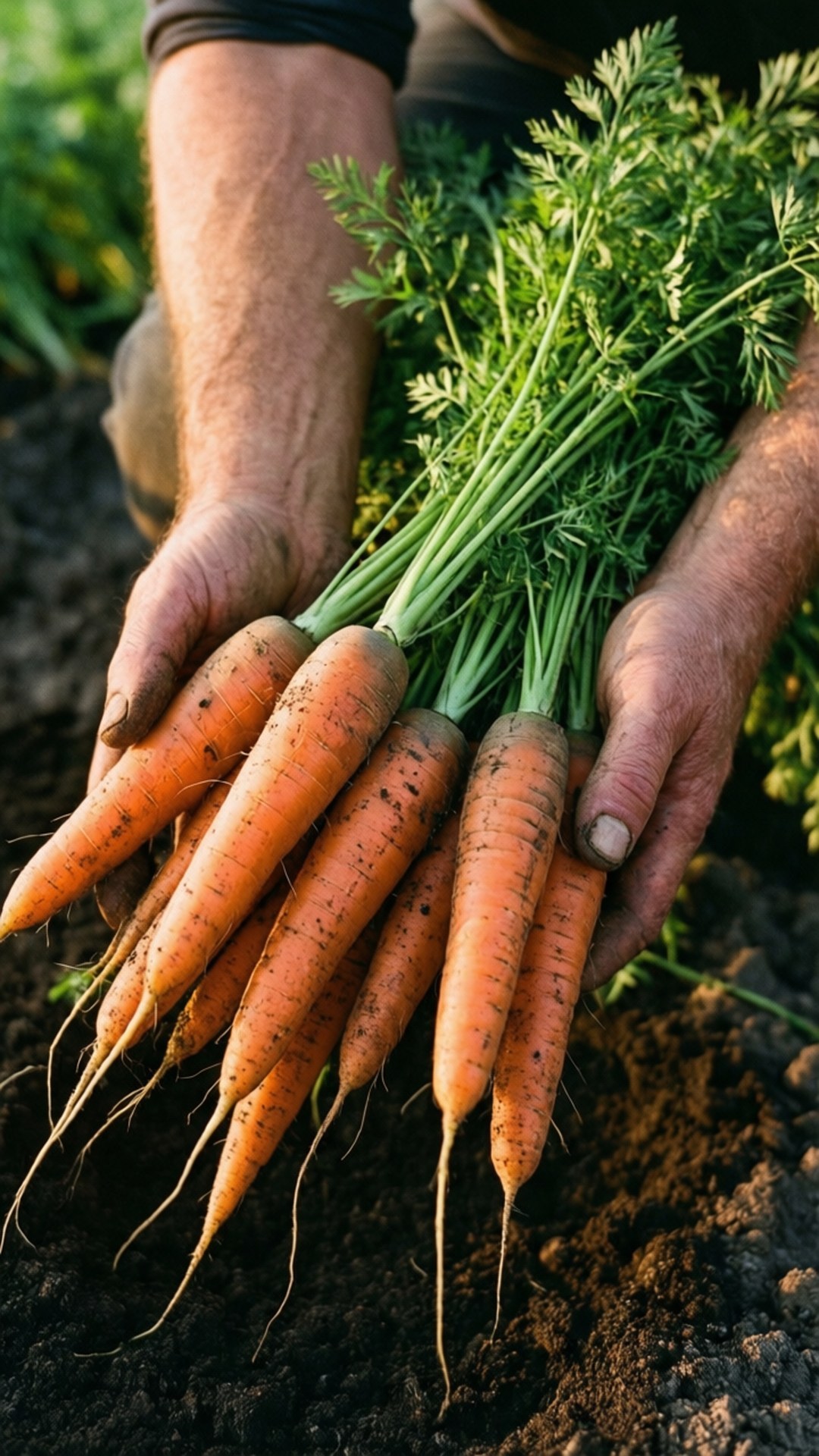 freshly harvested carrots, orange carrots, green tops, Full HD Phone Wallpaper