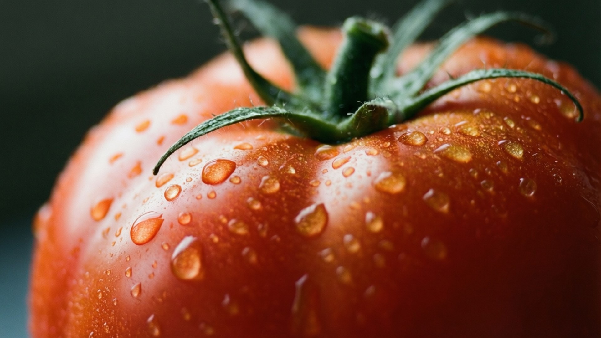 red tomato, glistening water droplets, green stem, Full HD Desktop Wallpaper