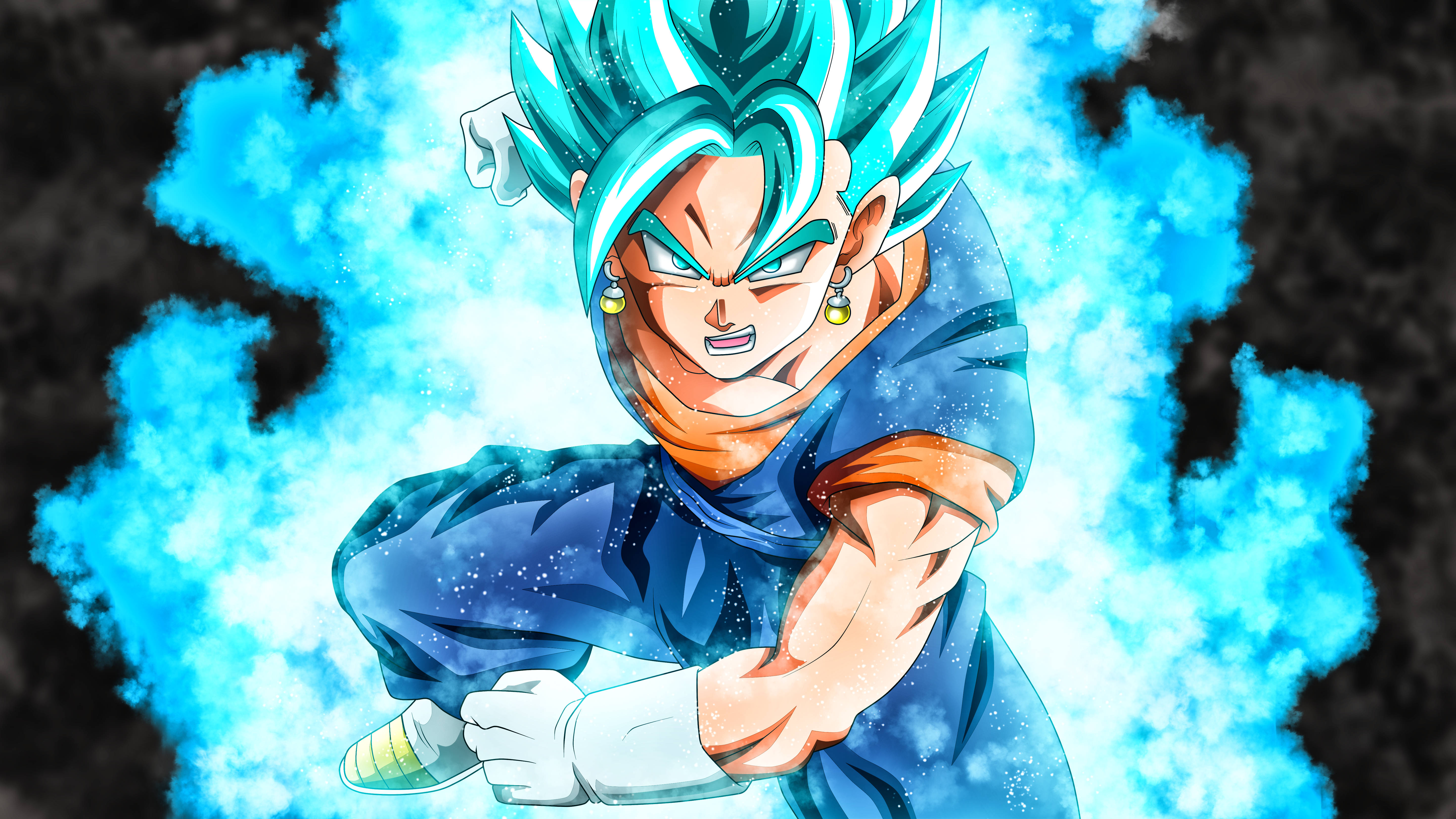 Vegito, spiky blue hair, glowing aura, 5K Desktop Wallpaper