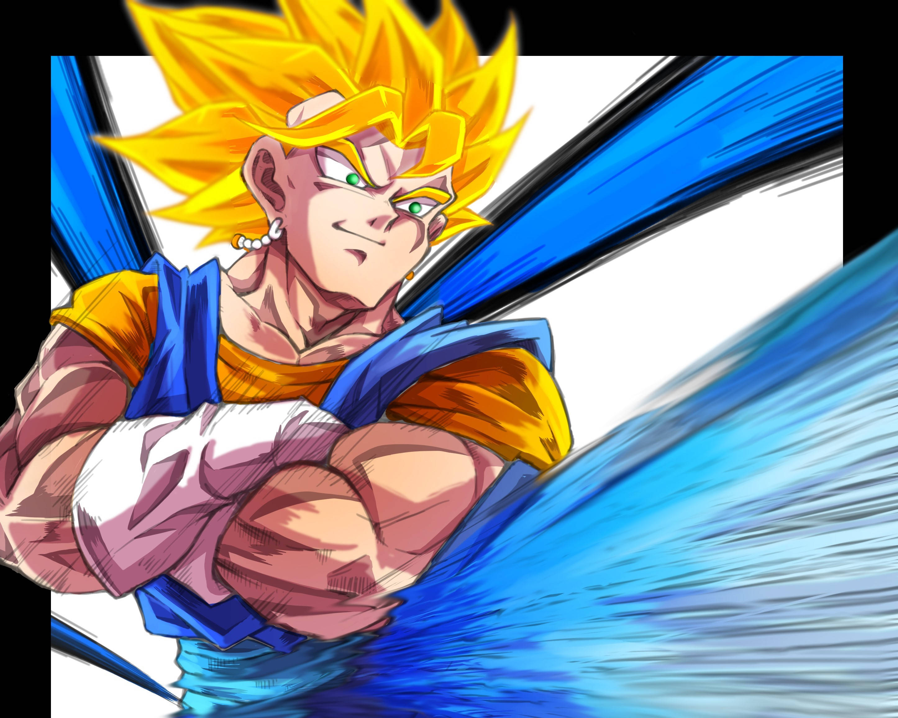 Vegito, spiky golden hair, green eyes, 2K Desktop Wallpaper