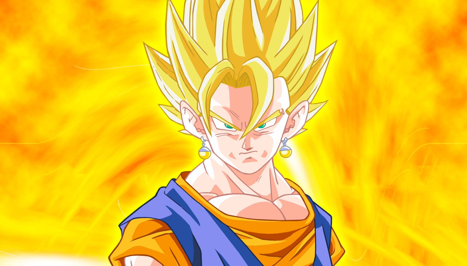 Fiery Blonde Vegito, golden-haired anime warrior, glowing eyes, Full HD Desktop Wallpaper