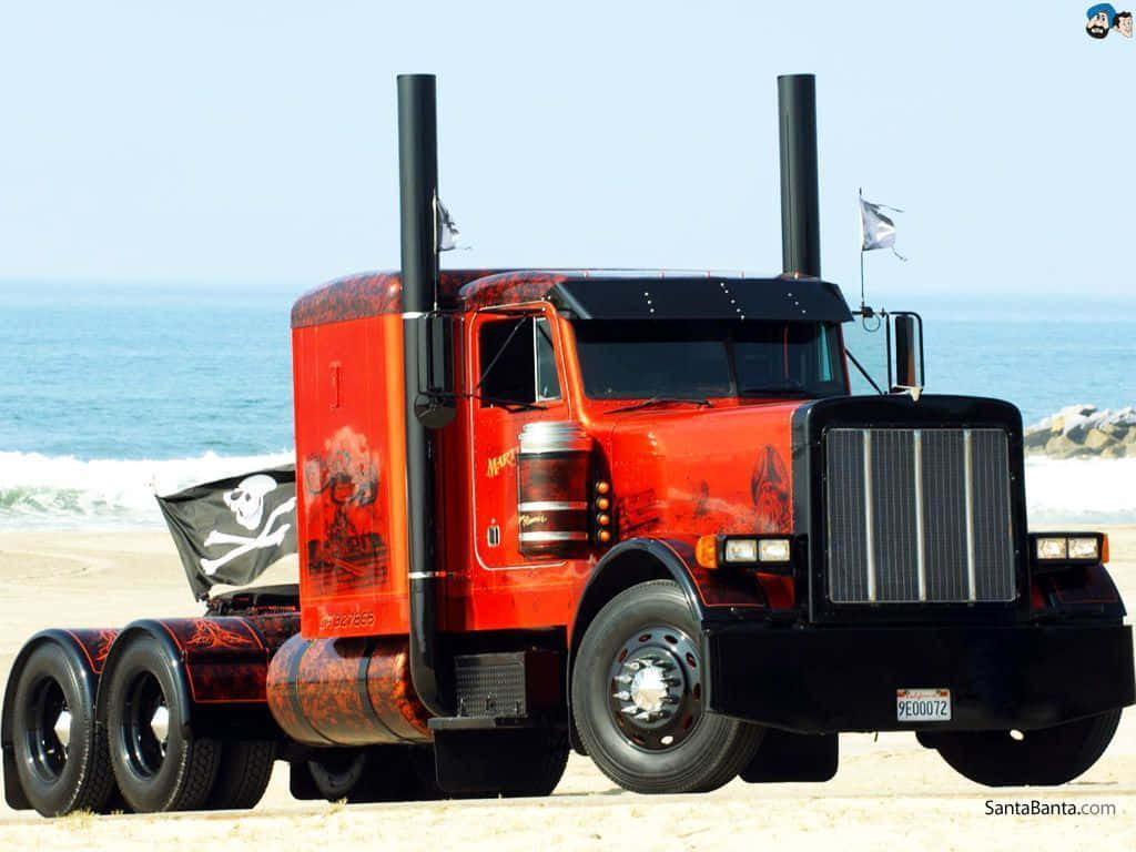 custom red and black semi-truck, pirate skull graphics, sandy beach, SD Desktop Wallpaper