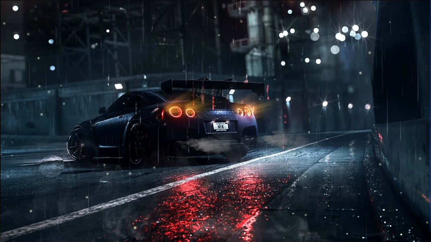 sleek black sports car, glowing orange taillights, rain-slicked urban street, HD Desktop Wallpaper