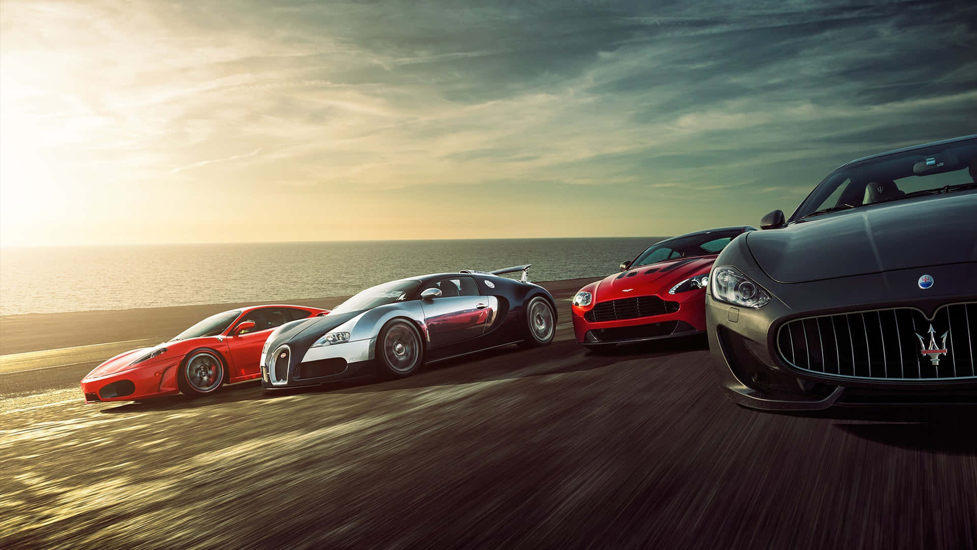 luxury sports cars, coastal road, sunset, Full HD Desktop Wallpaper