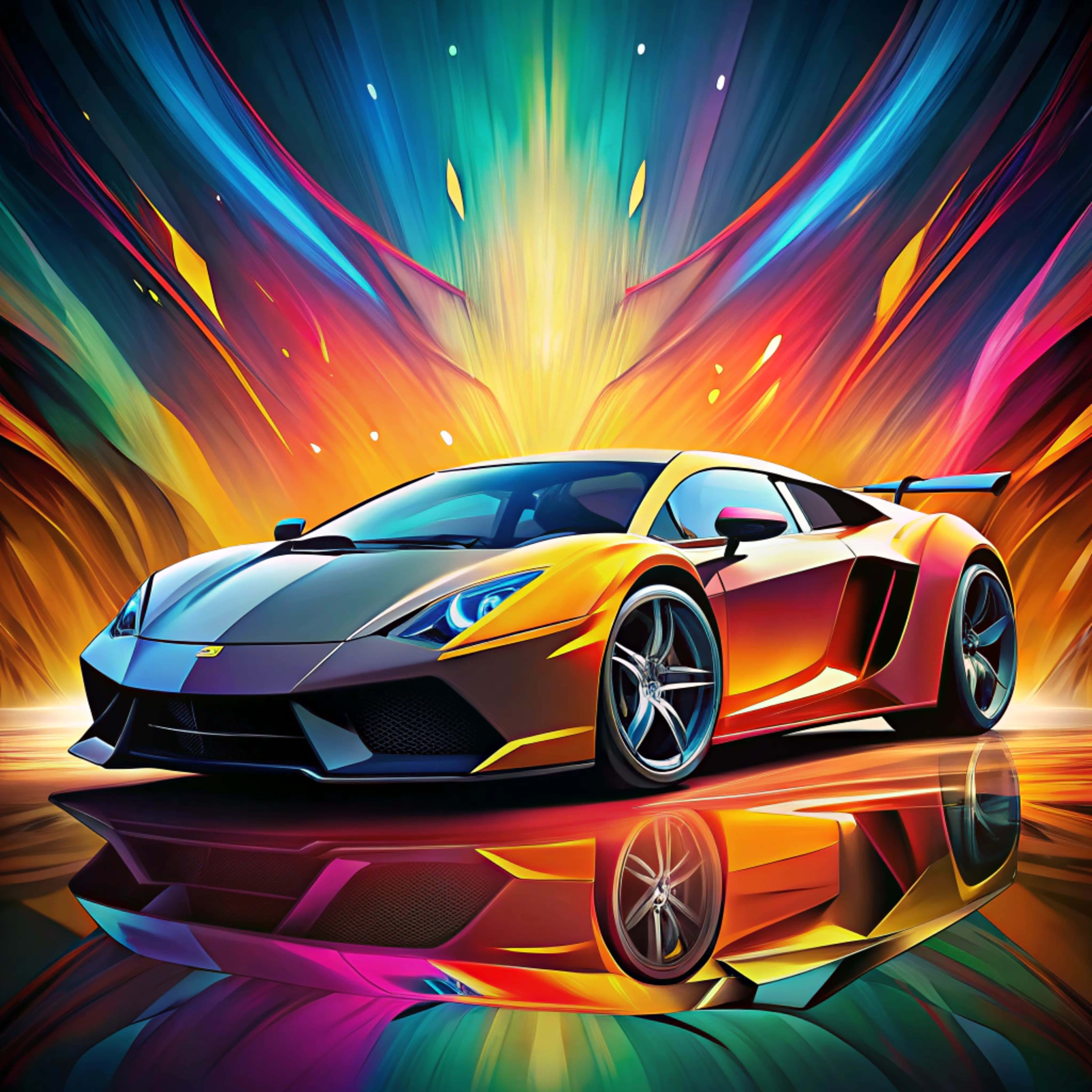 yellow sports car, black accents, glowing blue headlights, 8K Desktop Wallpaper