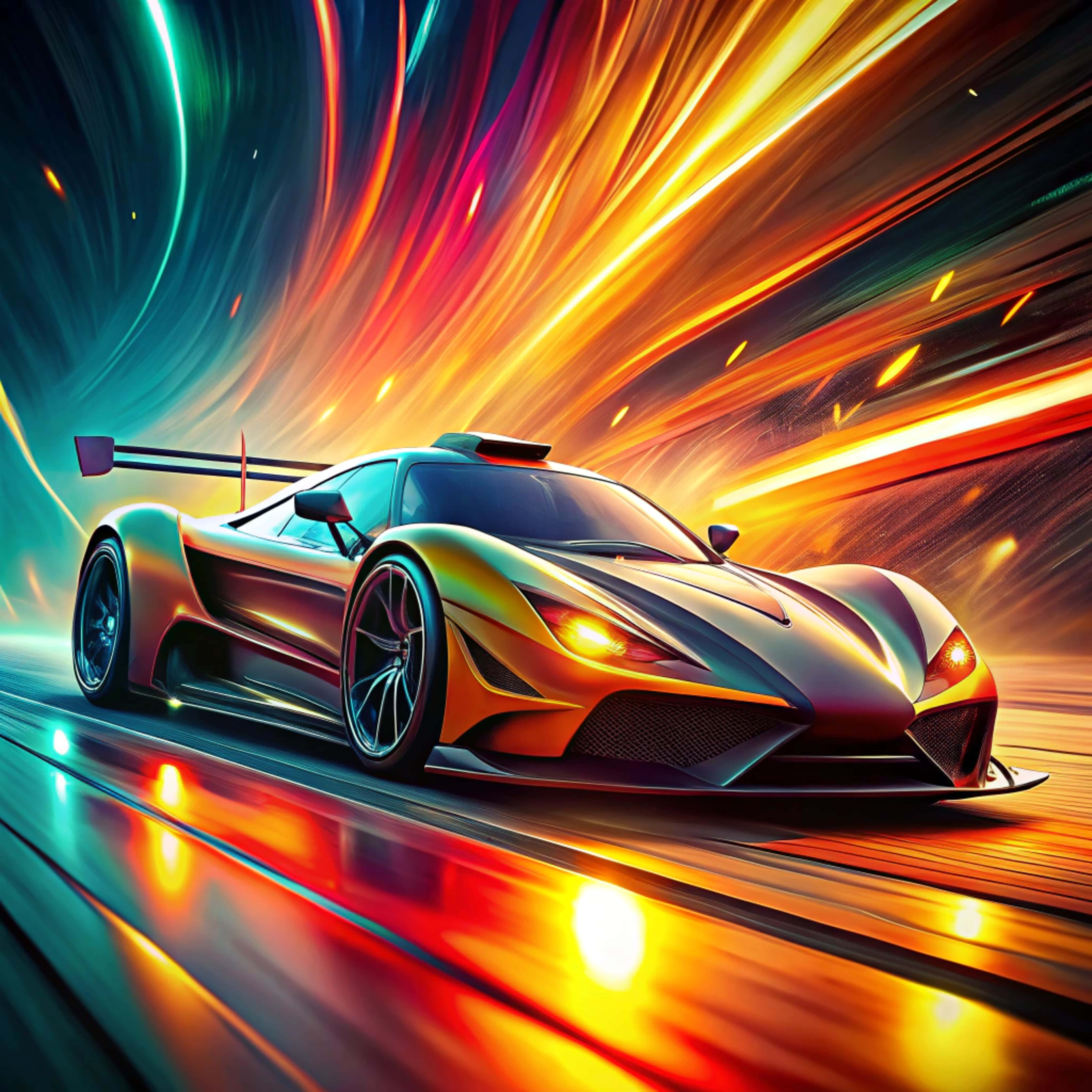 futuristic race car, neon streaks, glowing headlights, 8K Desktop Wallpaper