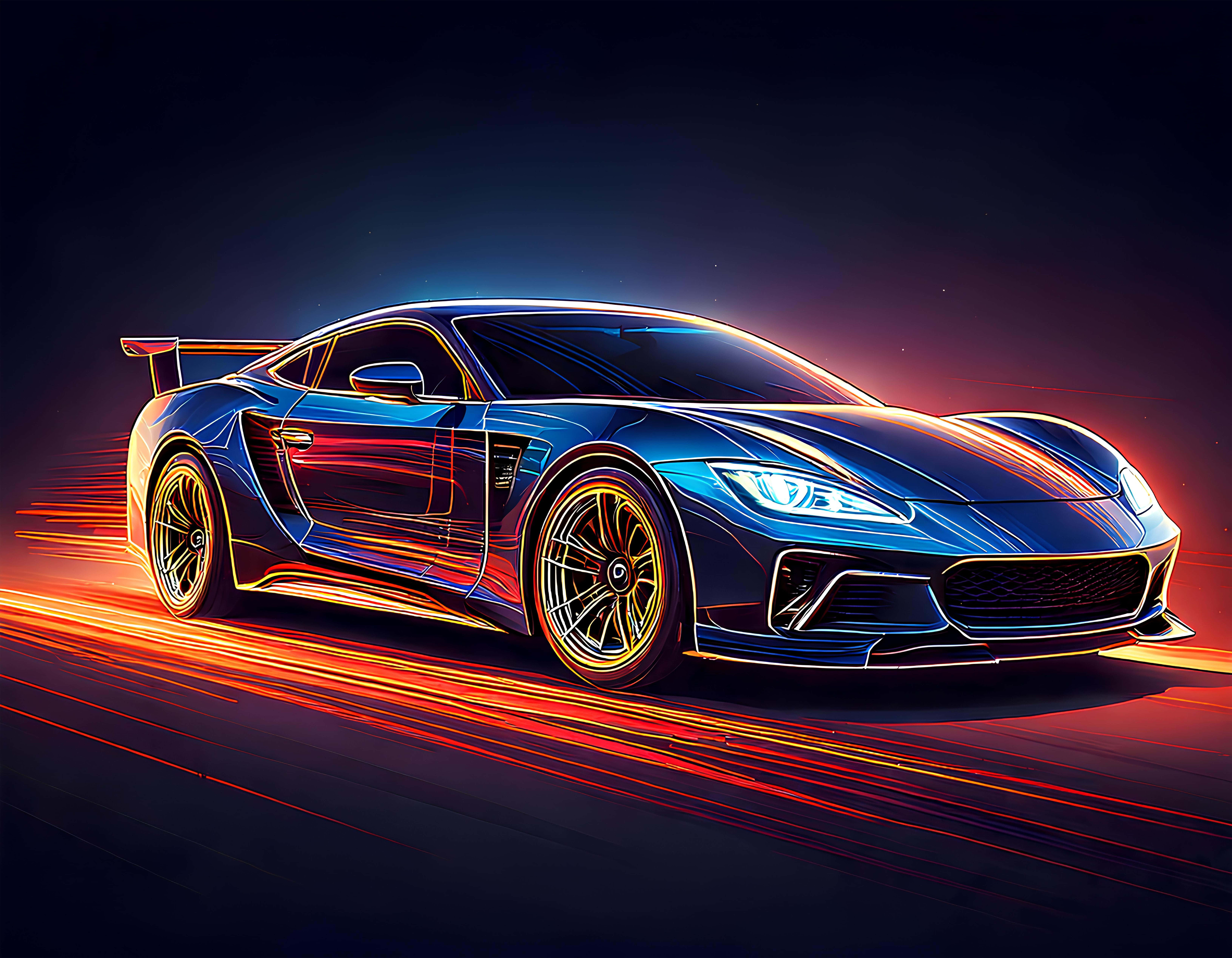 sleek blue sports car, glowing headlights, fiery orange light trails, 8K Desktop Wallpaper