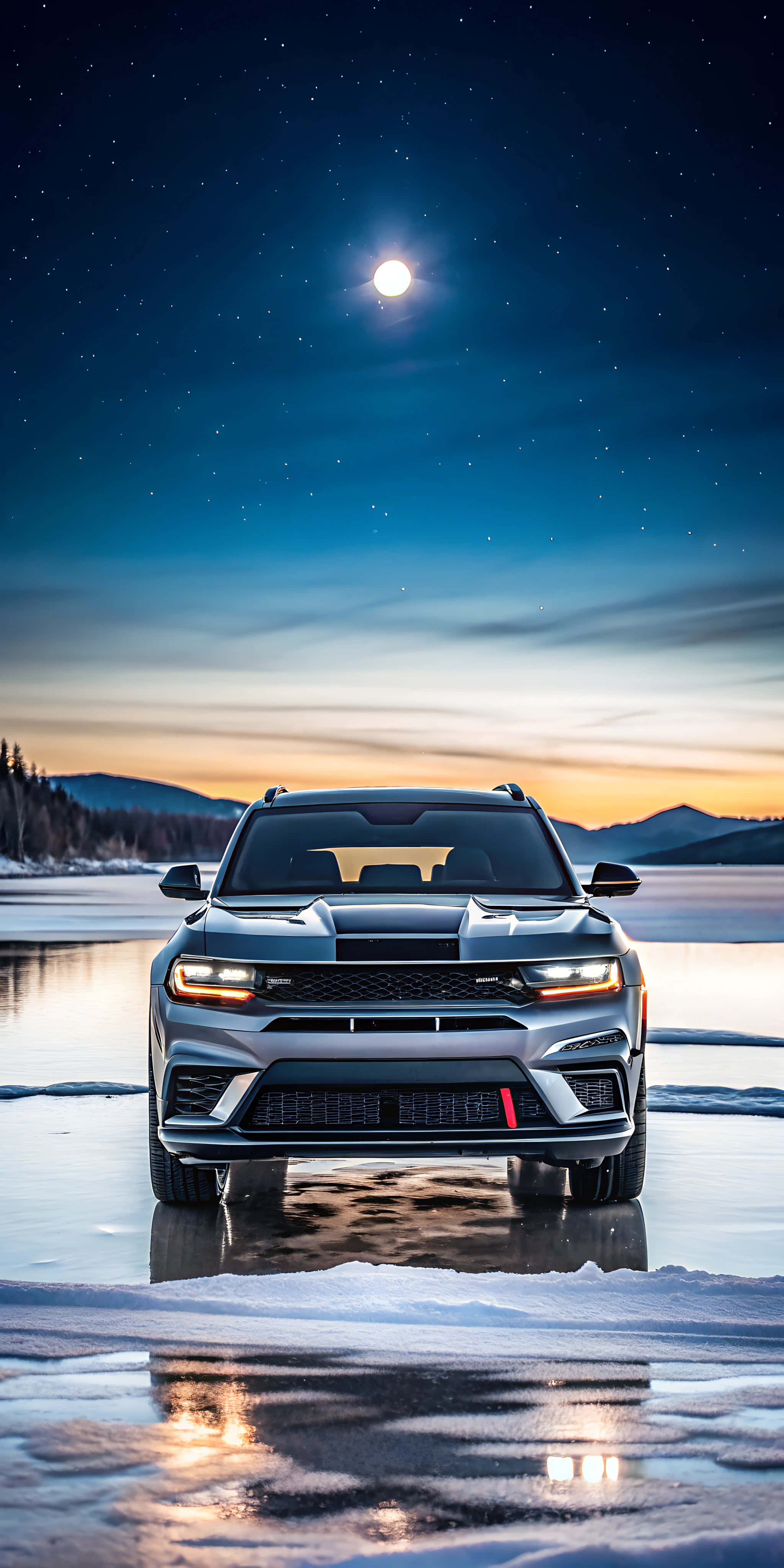silver SUV, black racing stripes, frozen lake, 4K Phone Wallpaper