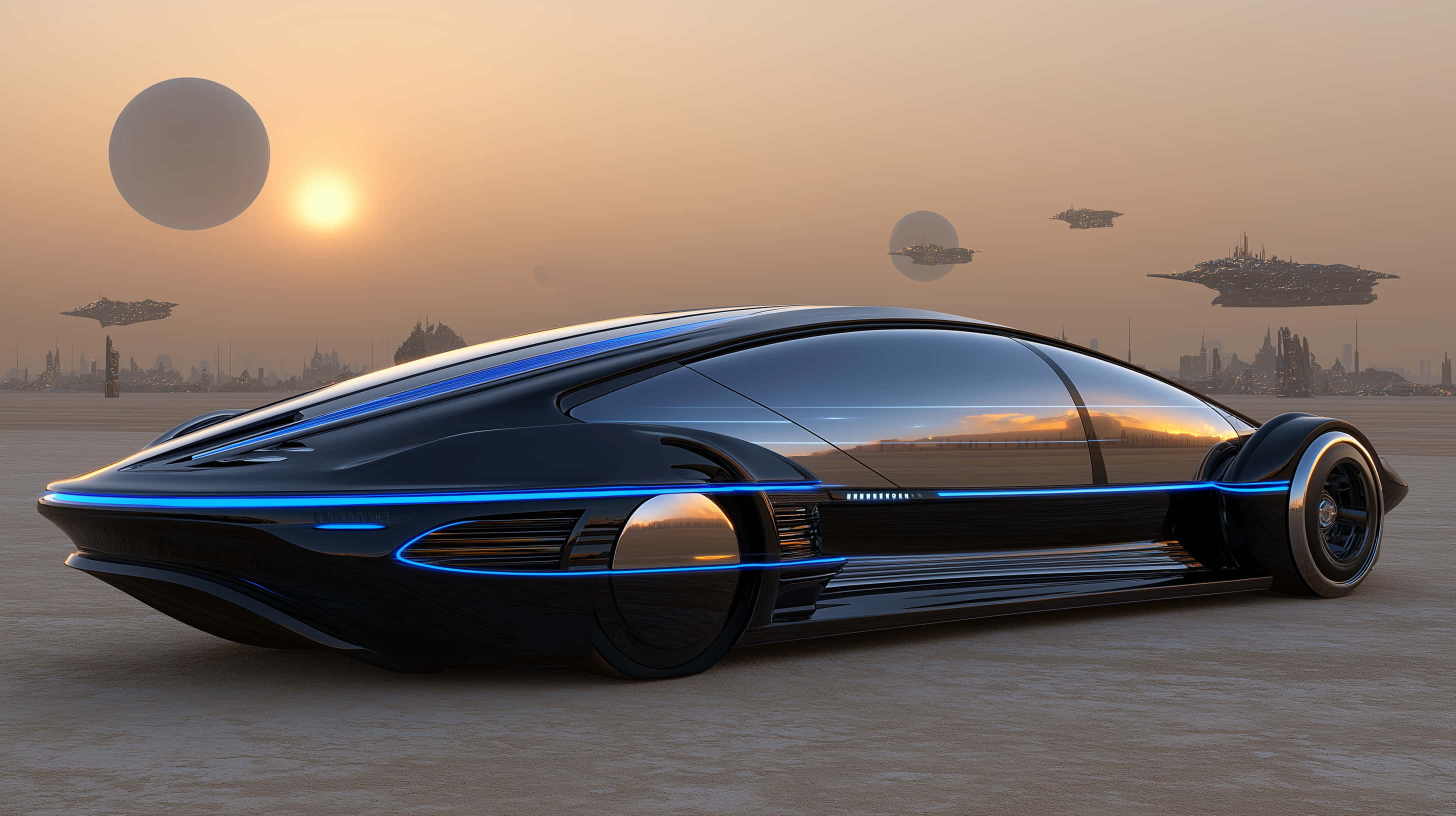 sleek black futuristic car, glowing blue accents, desert plain, 2K Desktop Wallpaper