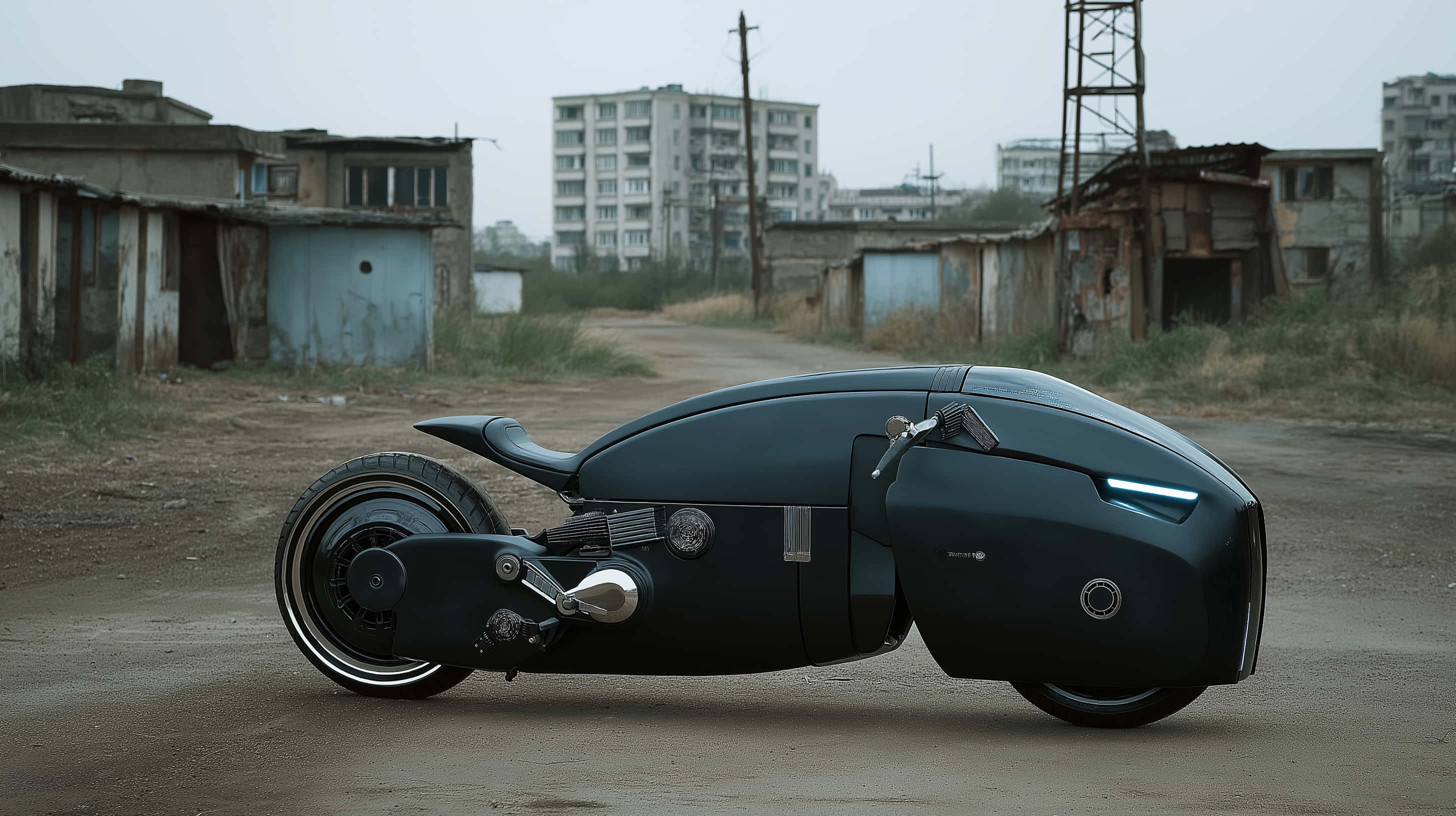 matte black, glowing blue accents, cracked asphalt road, 2K Desktop Wallpaper