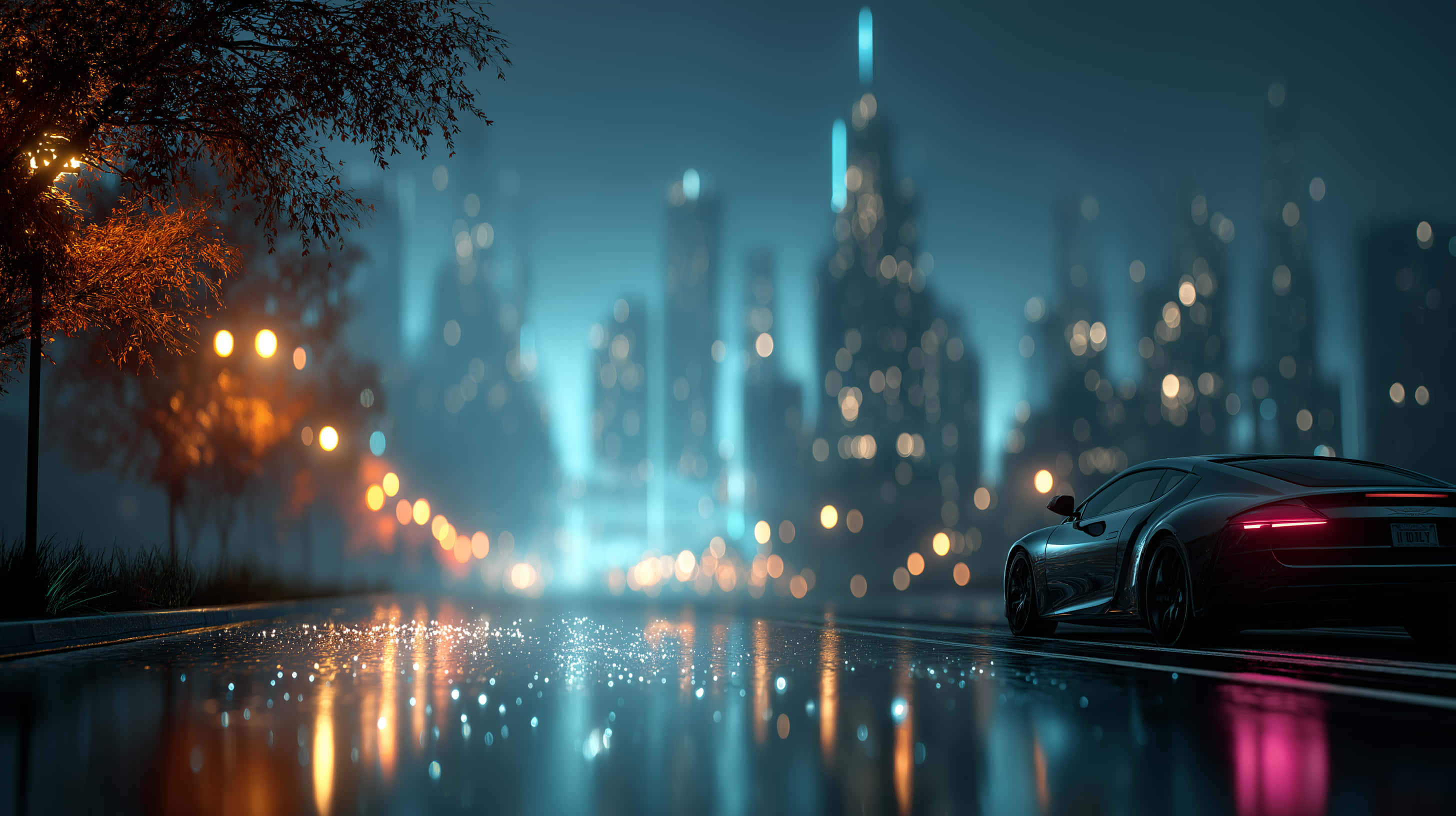 sleek black sports car, rain-slicked city street, glowing bokeh lights, 2K Desktop Wallpaper