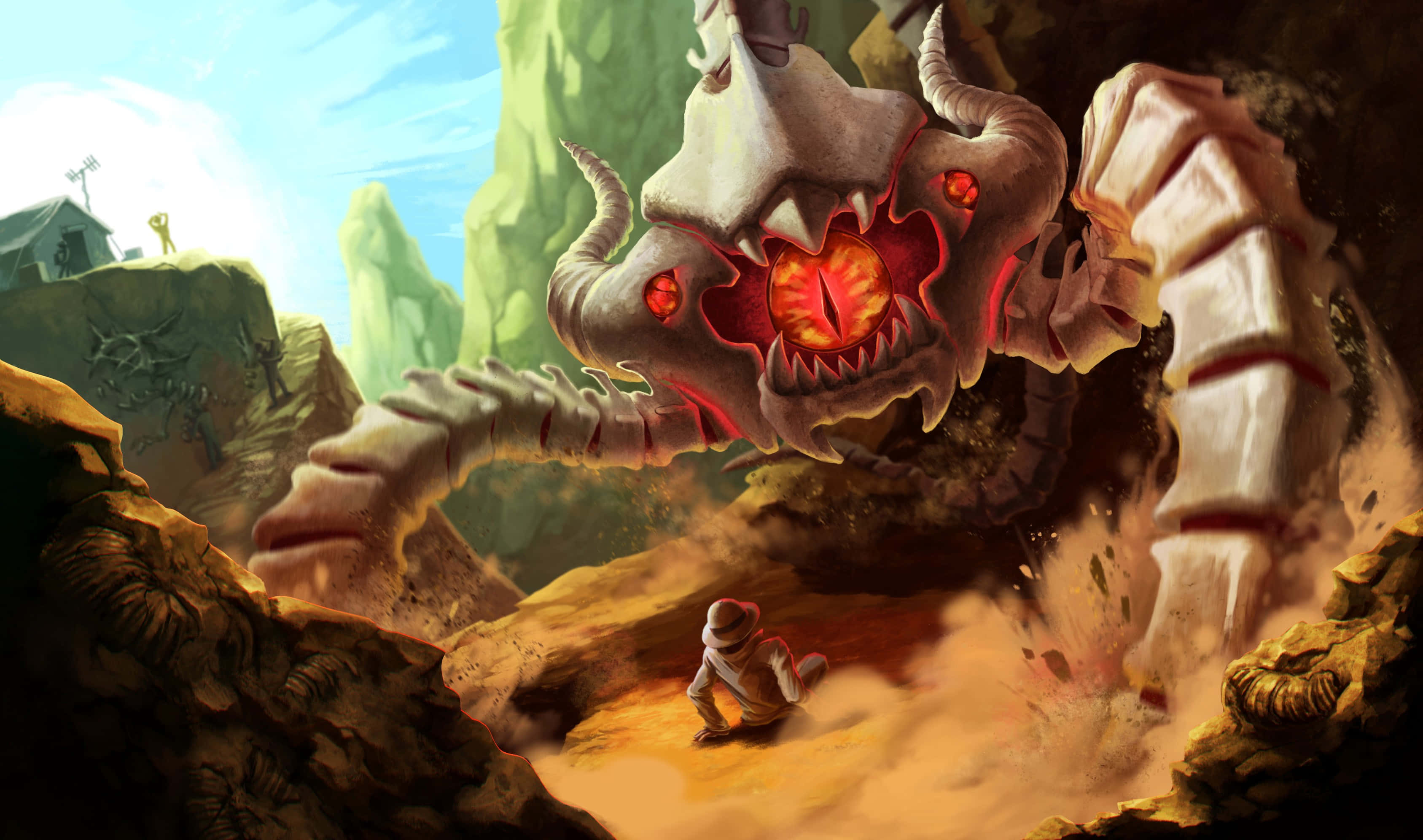 Velkoz, glowing red eyes, rocky canyon, 2K Desktop Wallpaper
