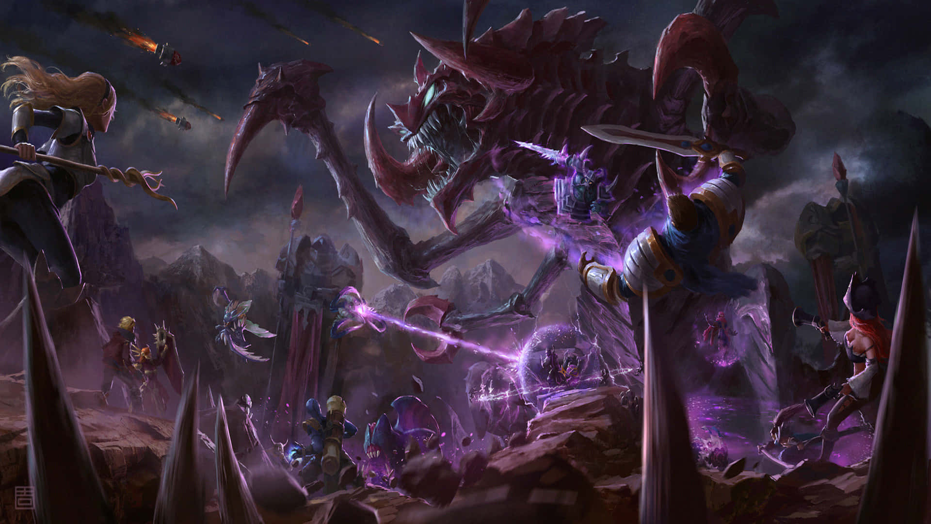 Velkoz, purple demonic beast, jagged mountains, Full HD Desktop Wallpaper