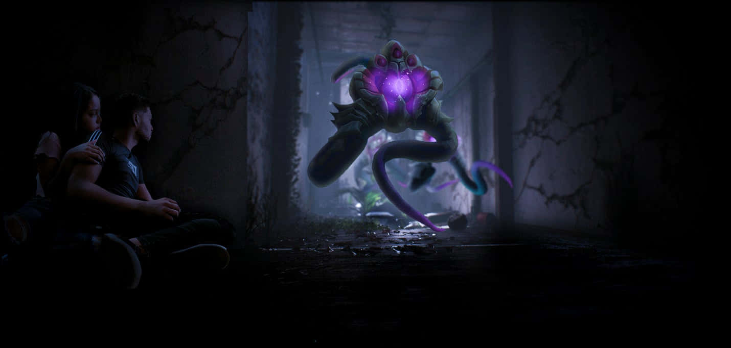 Velkoz, glowing purple alien creature, ruined hallway, HD Desktop Wallpaper