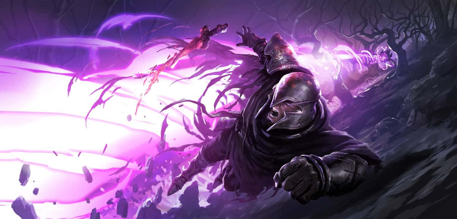 Velkoz, glowing purple energy blast, dark twisted forest, HD Desktop Wallpaper