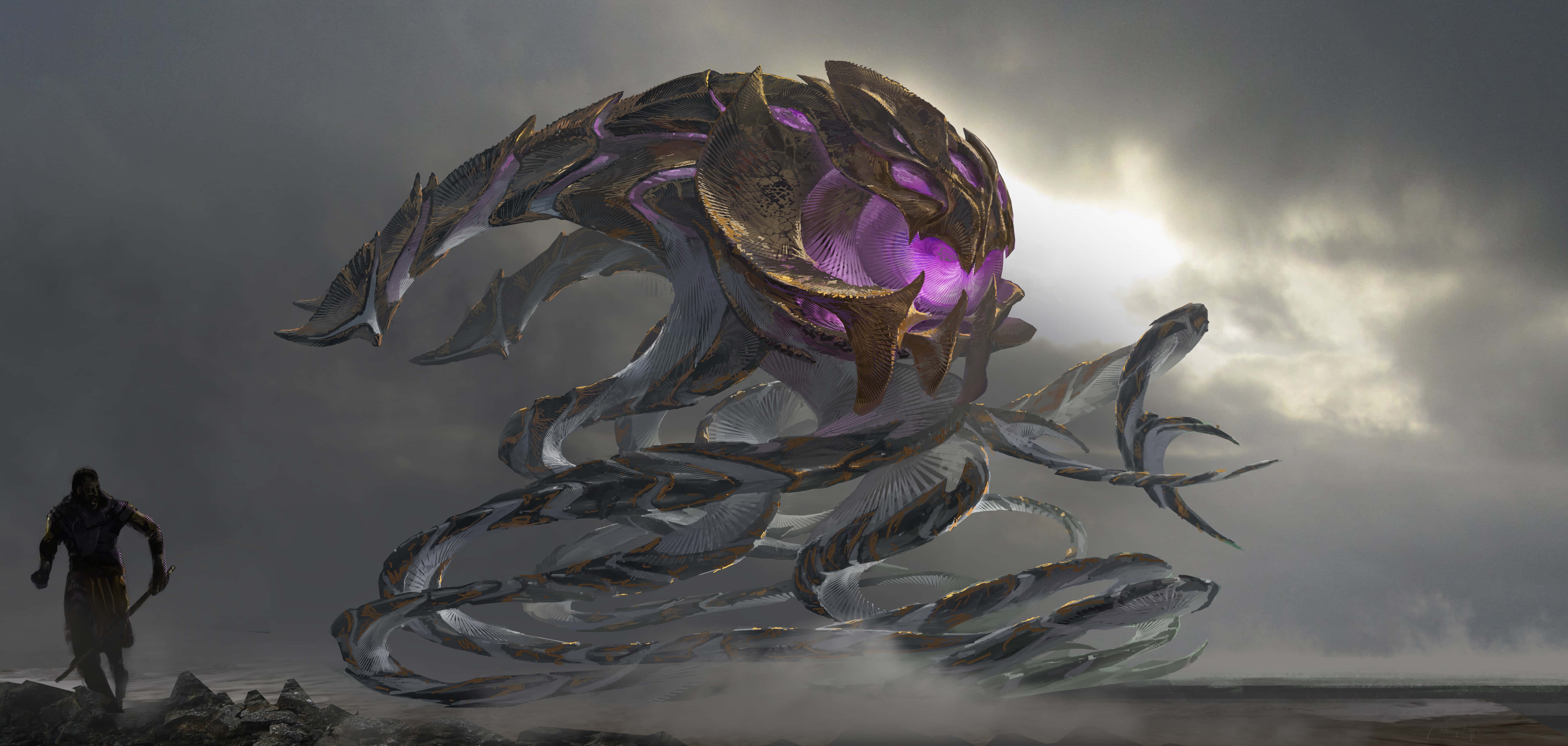 Velkoz, metallic dragon, glowing purple core, 5K Desktop Wallpaper