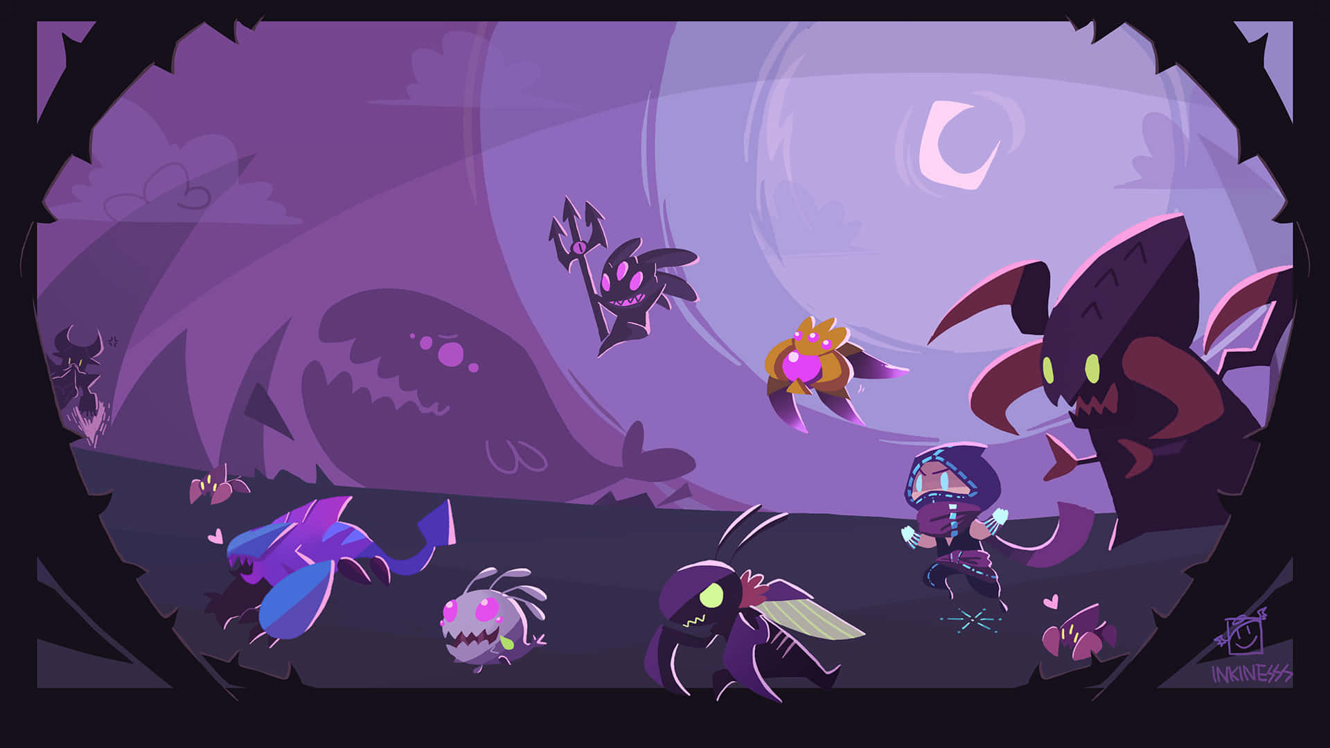 Velkoz, crescent moon, purple-hued fantasy scene, Full HD Desktop Wallpaper