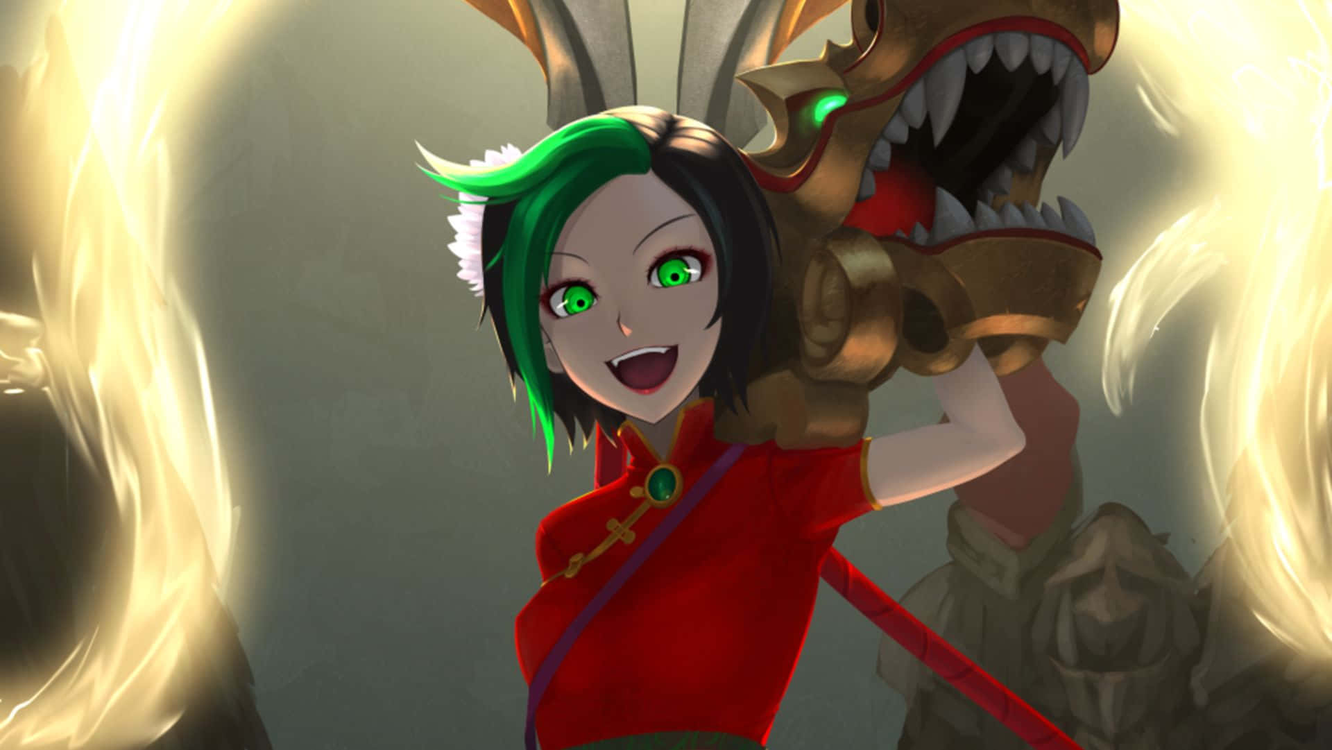 Velkoz, green hair, red outfit, Full HD Desktop Wallpaper