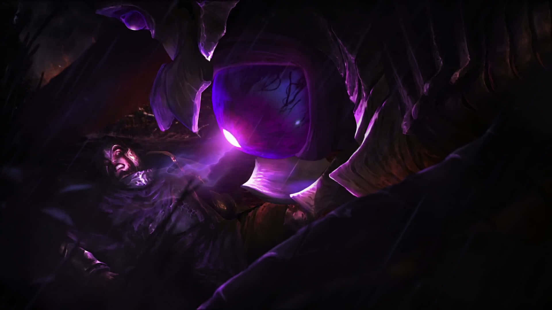 Velkoz, glowing purple orb, jagged rock formations, Full HD Desktop Wallpaper