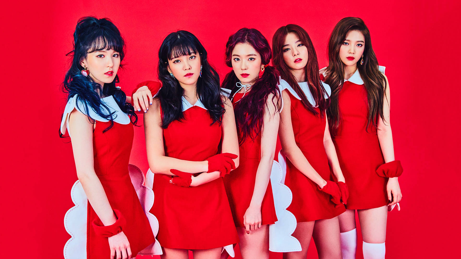 Red Velvet, red dresses, white collars, Full HD Desktop Wallpaper