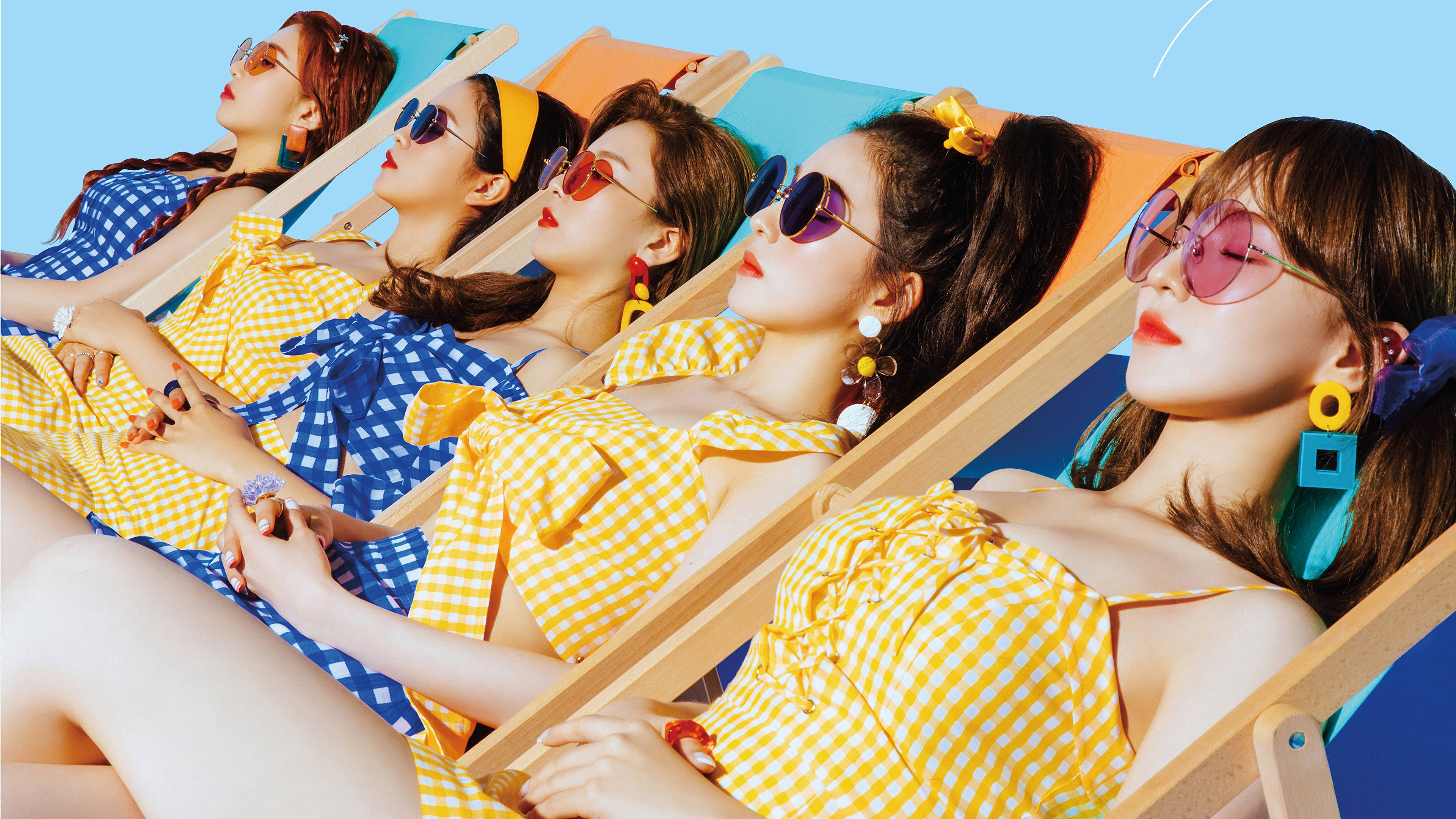 Red Velvet, gingham dresses, wooden beach chairs, 4K Desktop Wallpaper