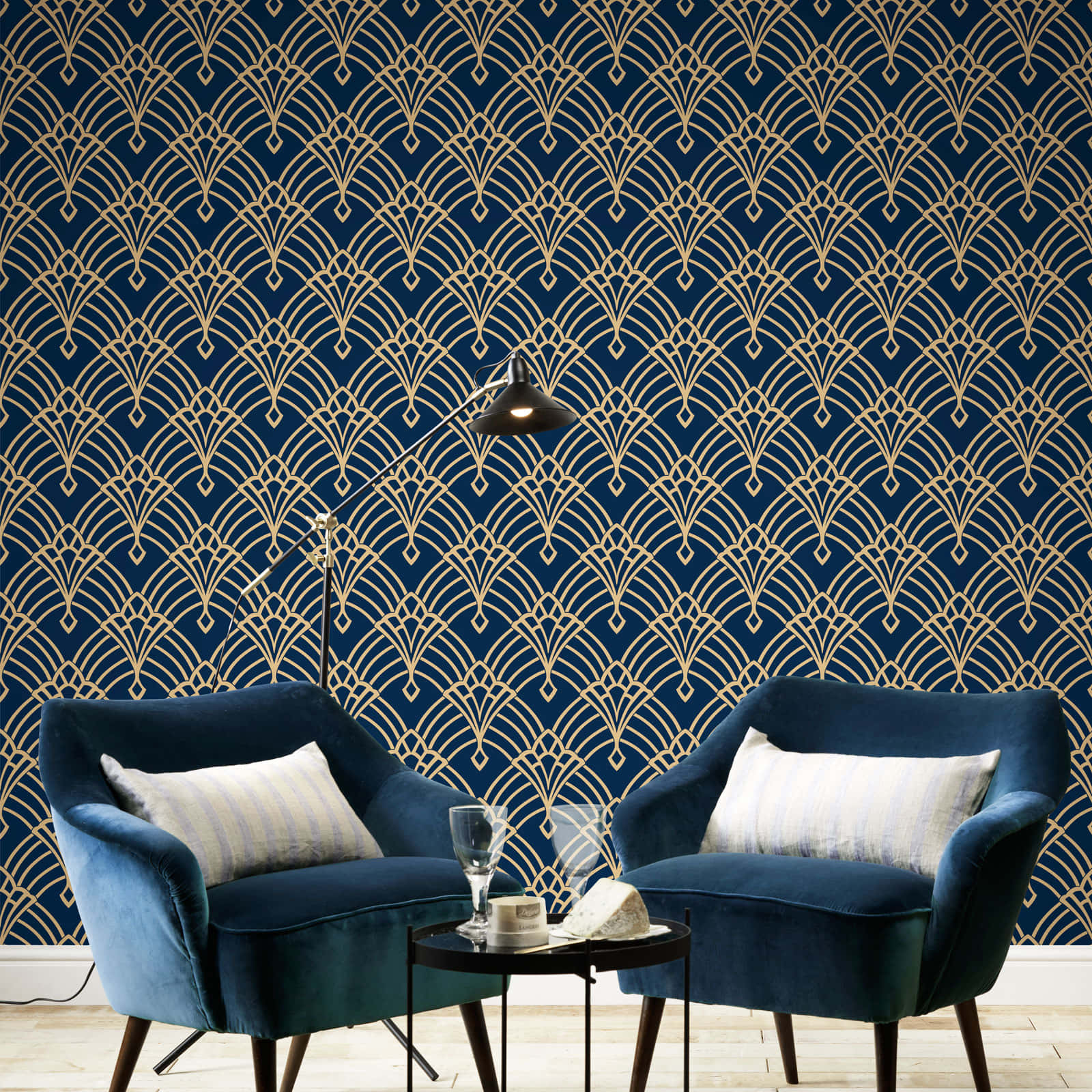 dark blue wingback velvet chairs, navy blue wallpaper, gold geometric fan patterns, HD Desktop Wallpaper