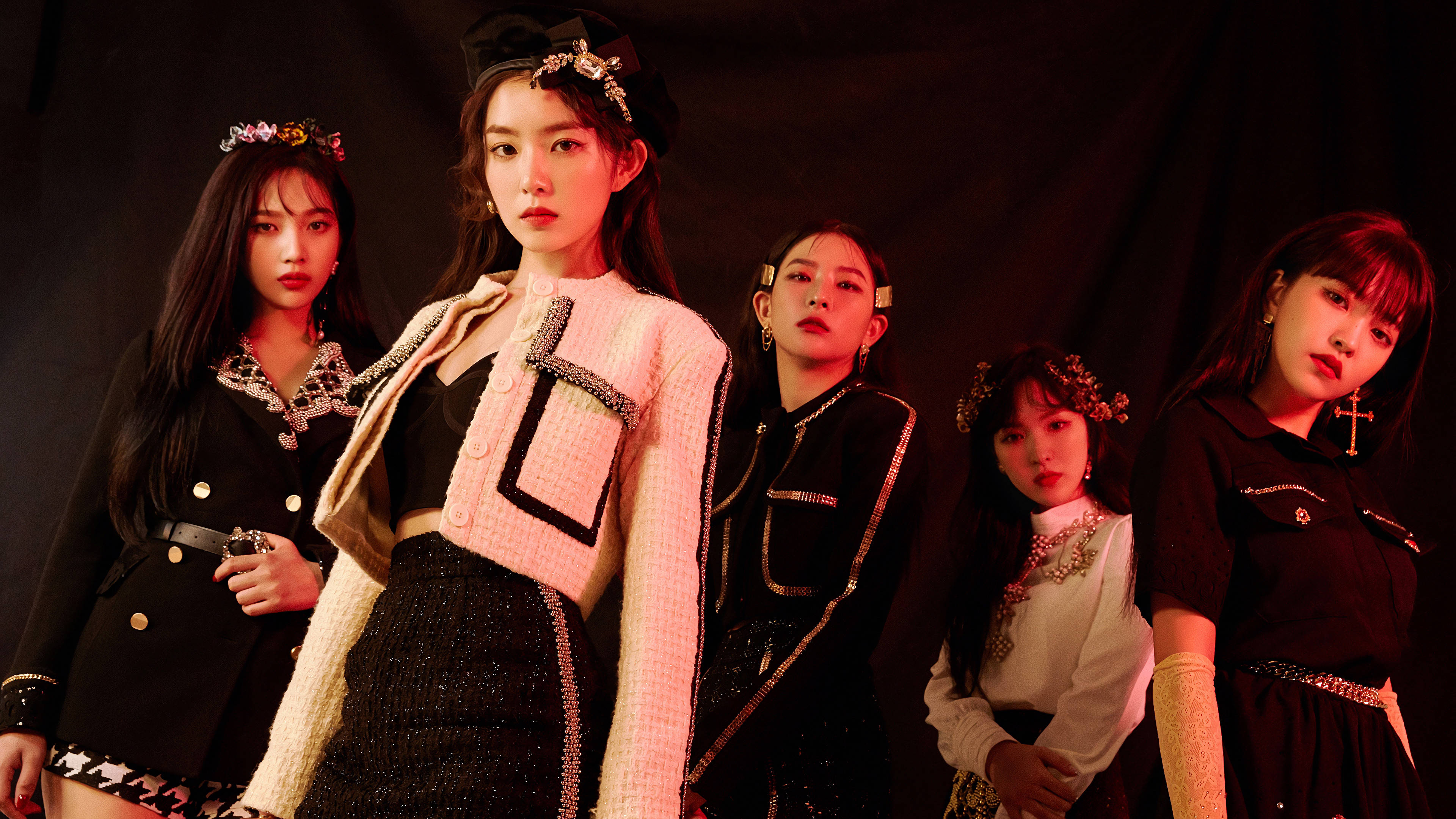 Red Velvet, black and pink outfits, dramatic red lighting, 4K Desktop Wallpaper