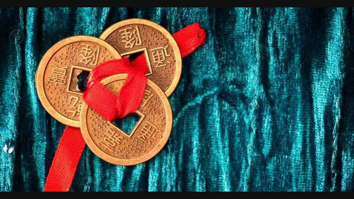 ancient Chinese coins, red ribbon, rich teal velvet fabric, SD Desktop Wallpaper