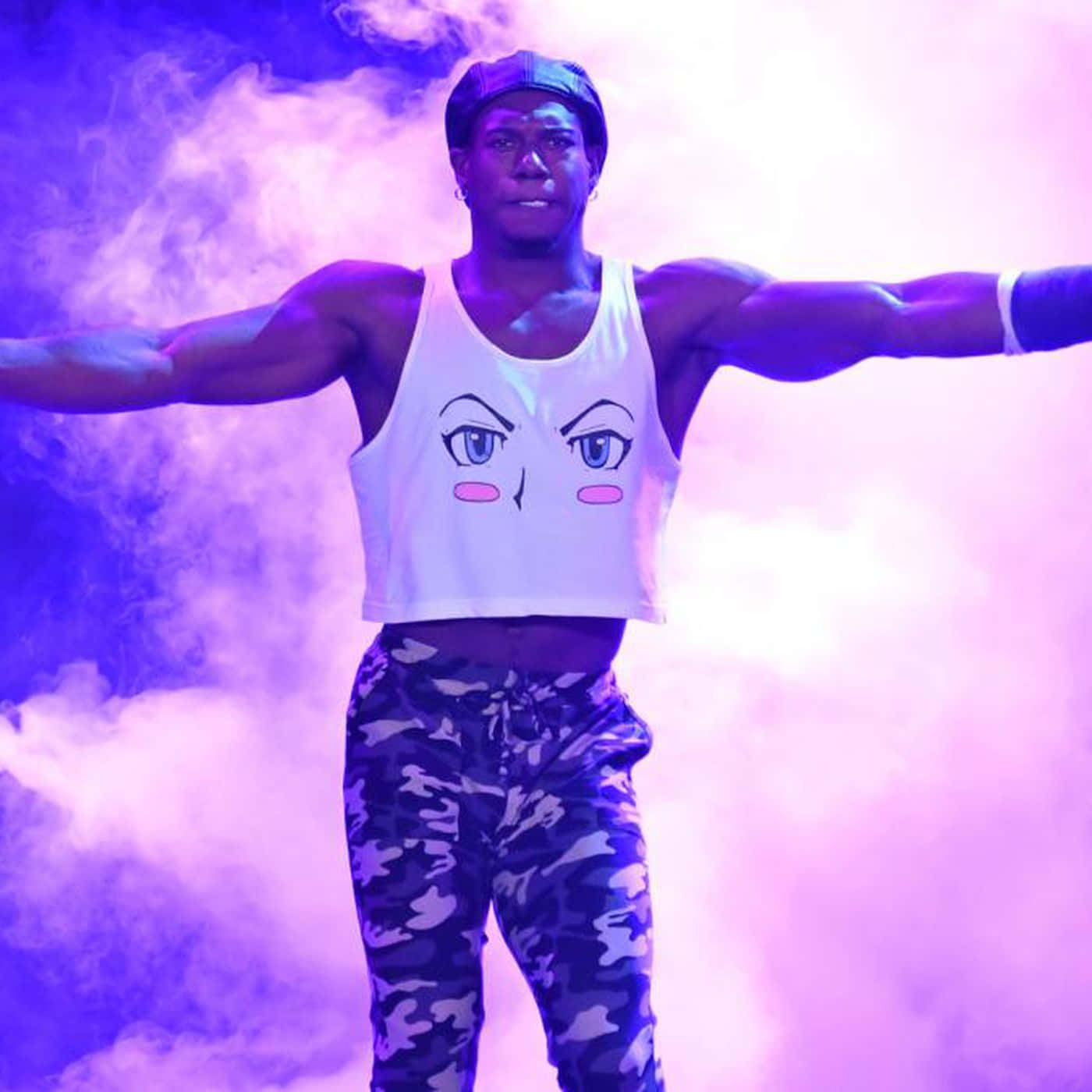 Velveteen Dream, smoky purple and pink lit stage, white tank top, HD Desktop Wallpaper