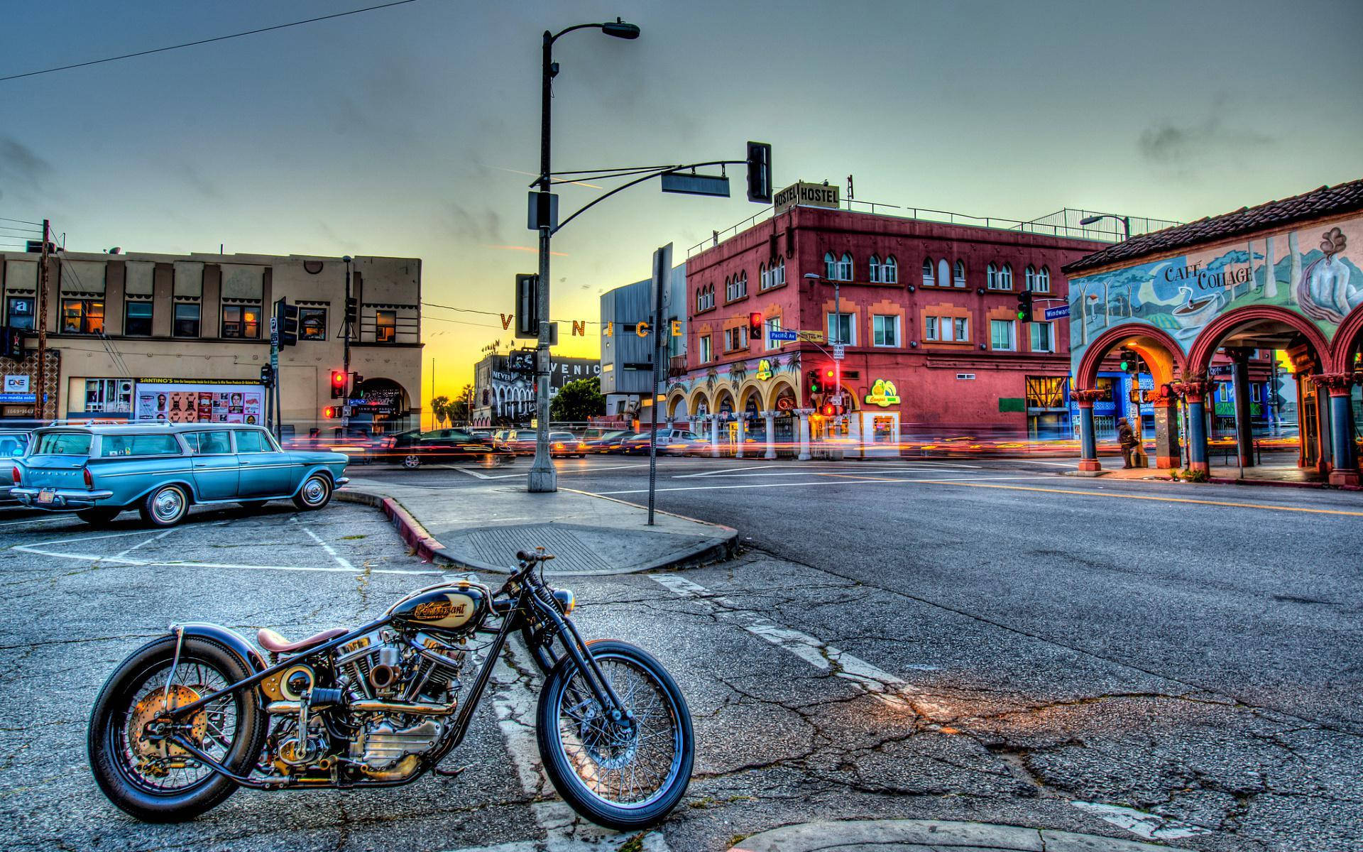 Venice Beach, vintage motorcycle, cracked street corner, Full HD Desktop Wallpaper
