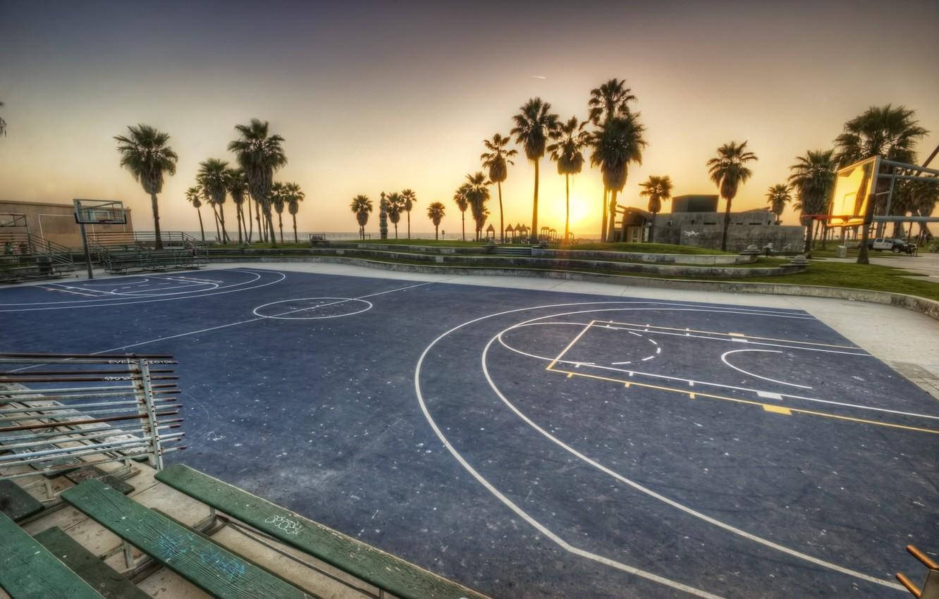 Venice Beach, empty basketball court, sunset, HD Desktop Wallpaper