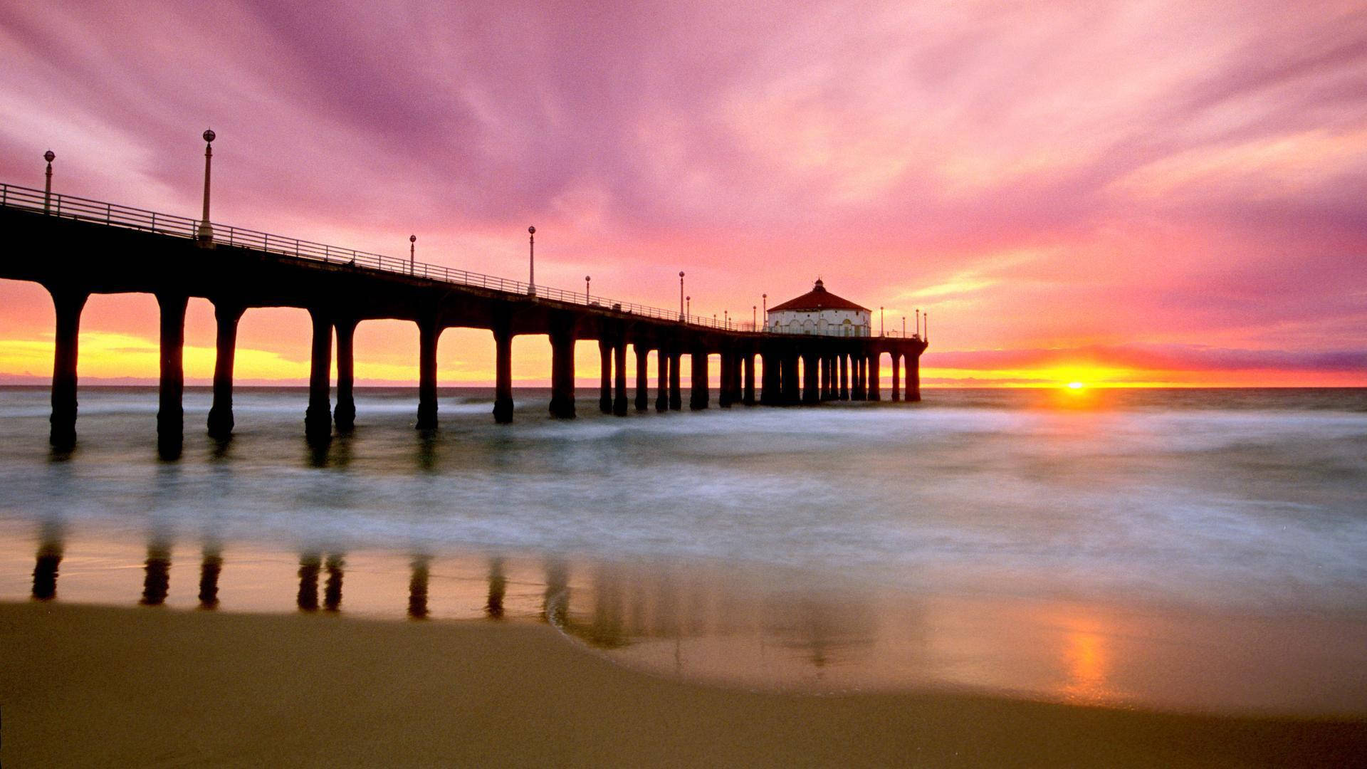 Venice Beach, sunset, pier, Full HD Desktop Wallpaper