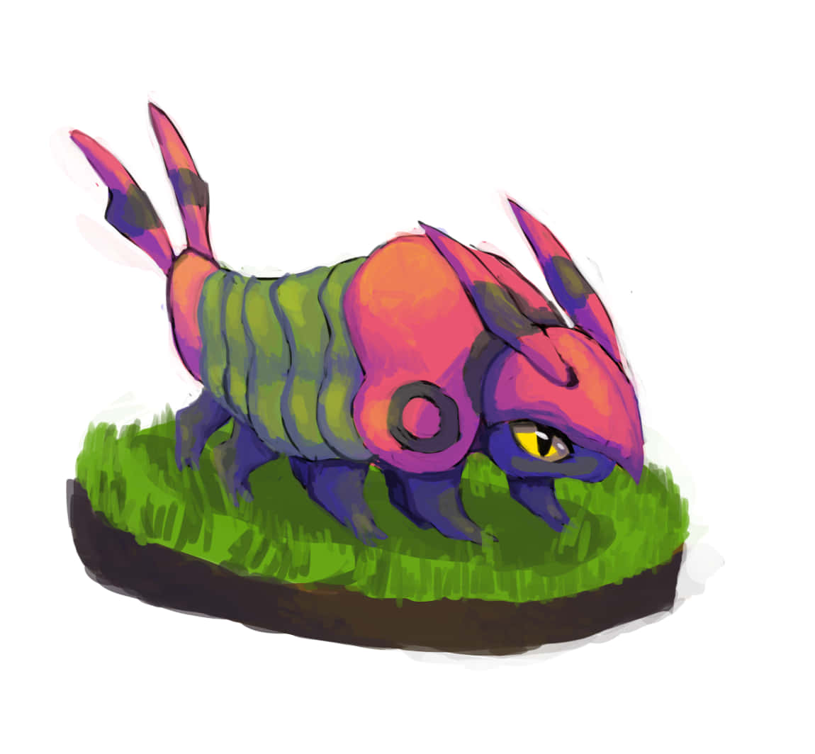 Venipede, pink purple and green segments, green grass, SD Desktop Wallpaper