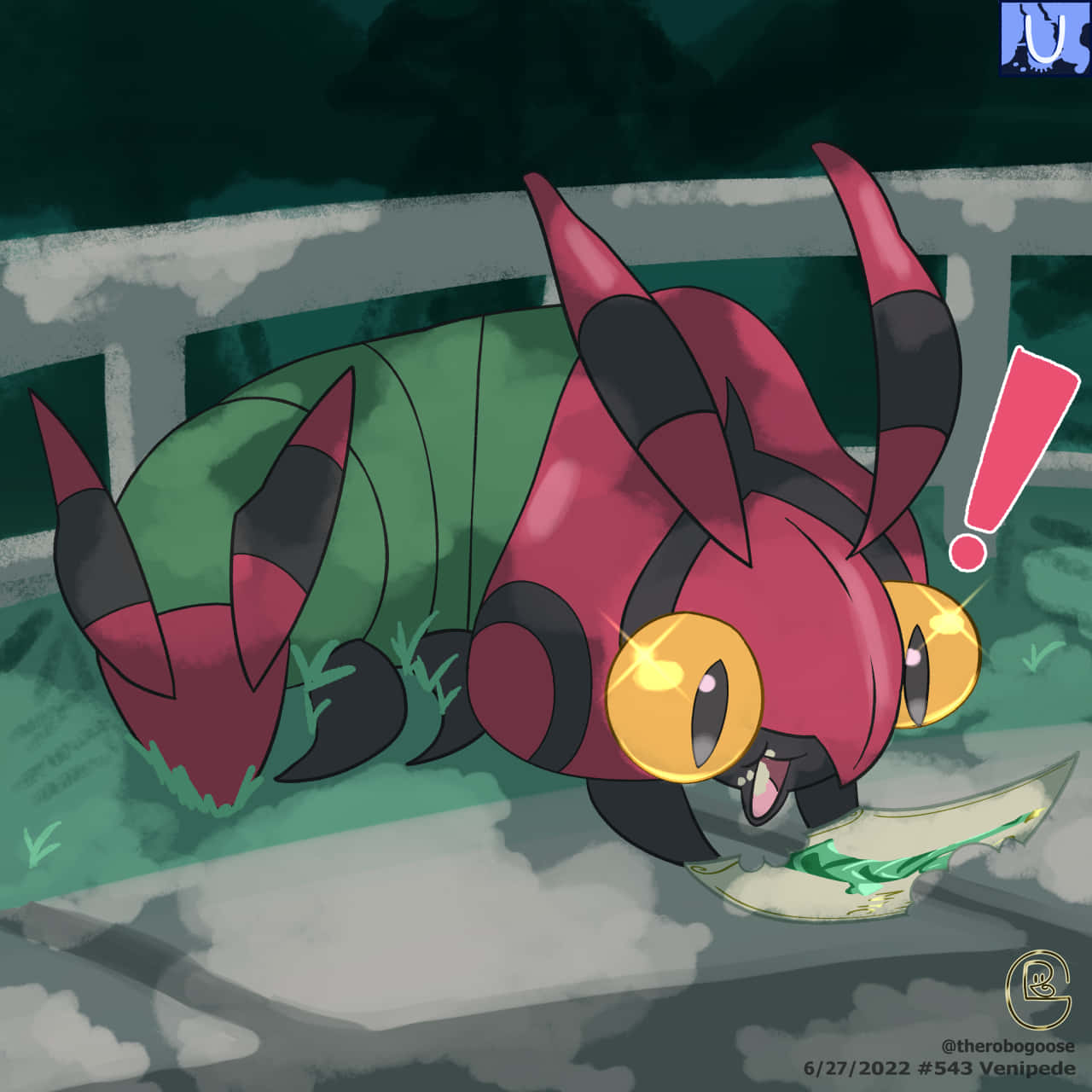 Venipede, red and green, glowing yellow eyes, HD Desktop Wallpaper