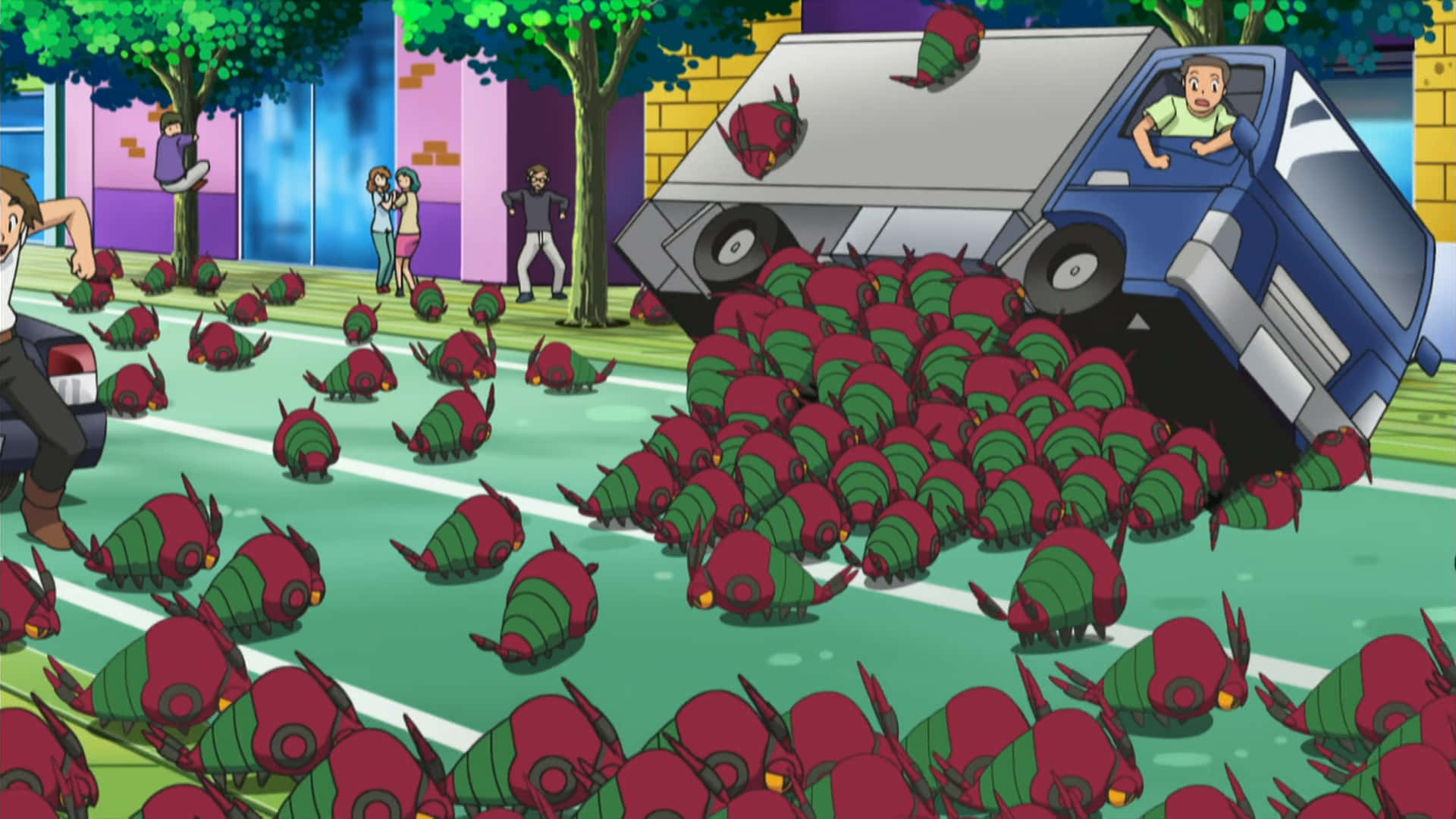 Venipede, blue van, red and green Pokémon, Full HD Desktop Wallpaper