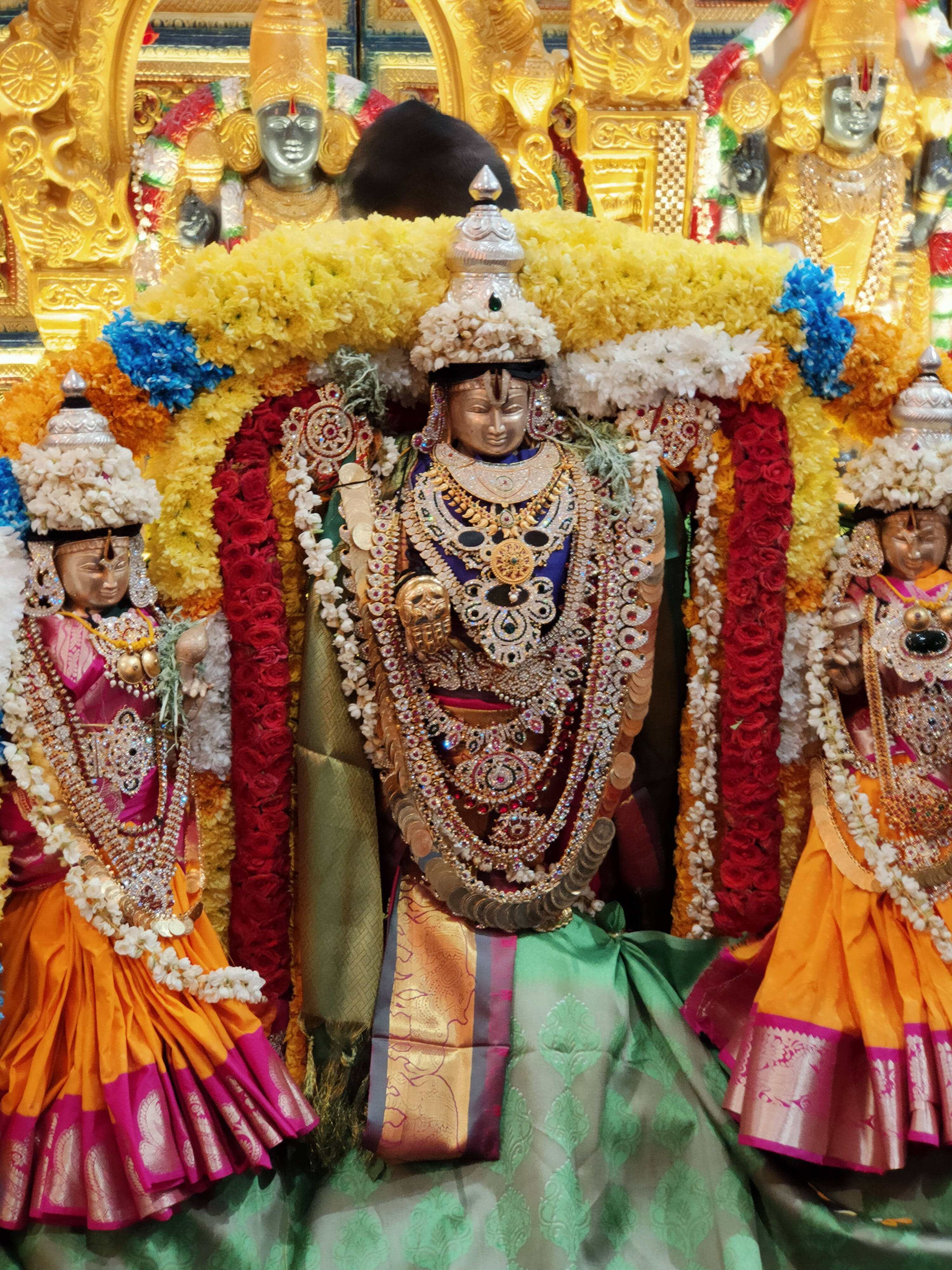 Venkateswara Swamy, gold ornaments, floral garlands, 4K Phone Wallpaper