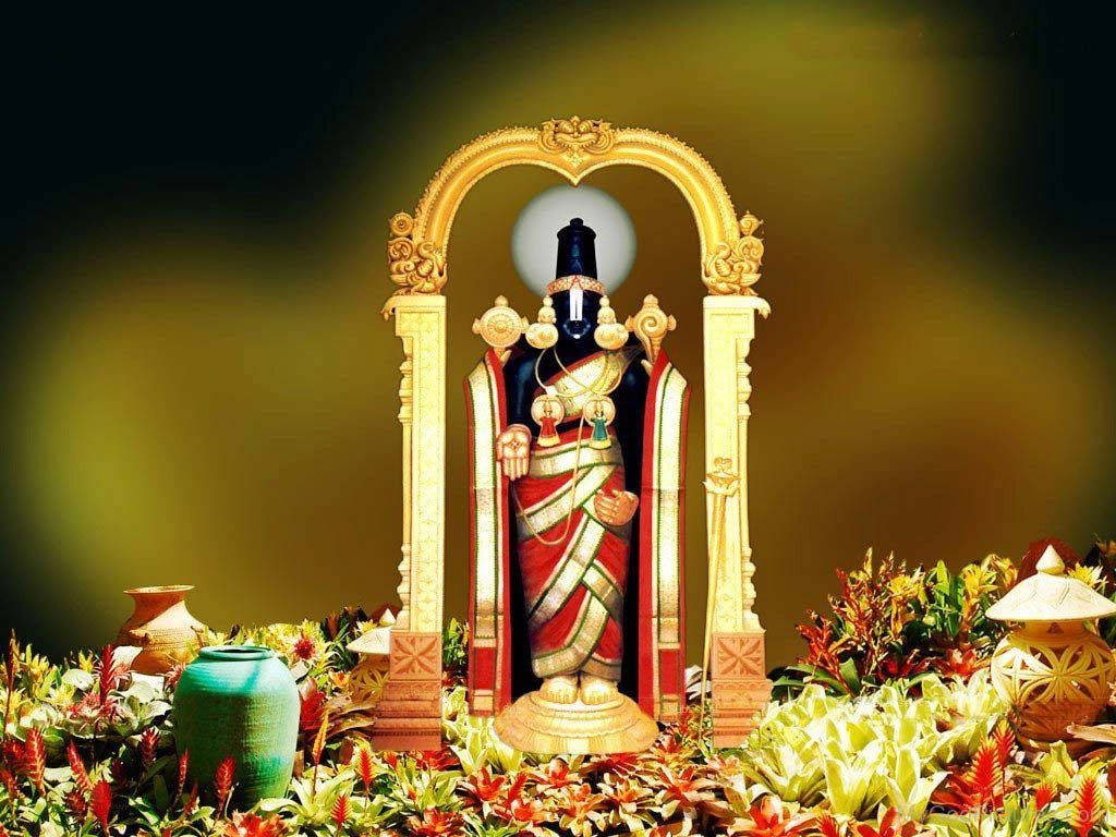Venkateswara Swamy, black deity statue, red and gold garments, SD Desktop Wallpaper