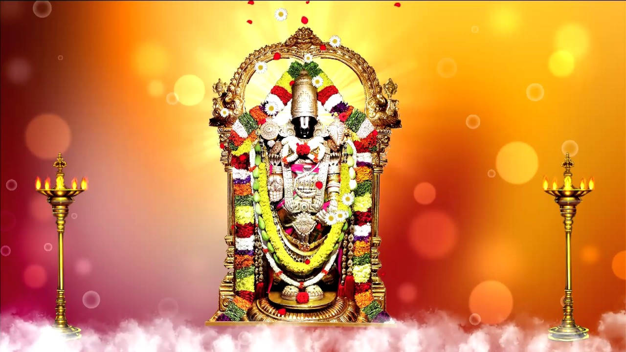 Venkateswara Swamy, golden deity, colorful flowers, HD Desktop Wallpaper