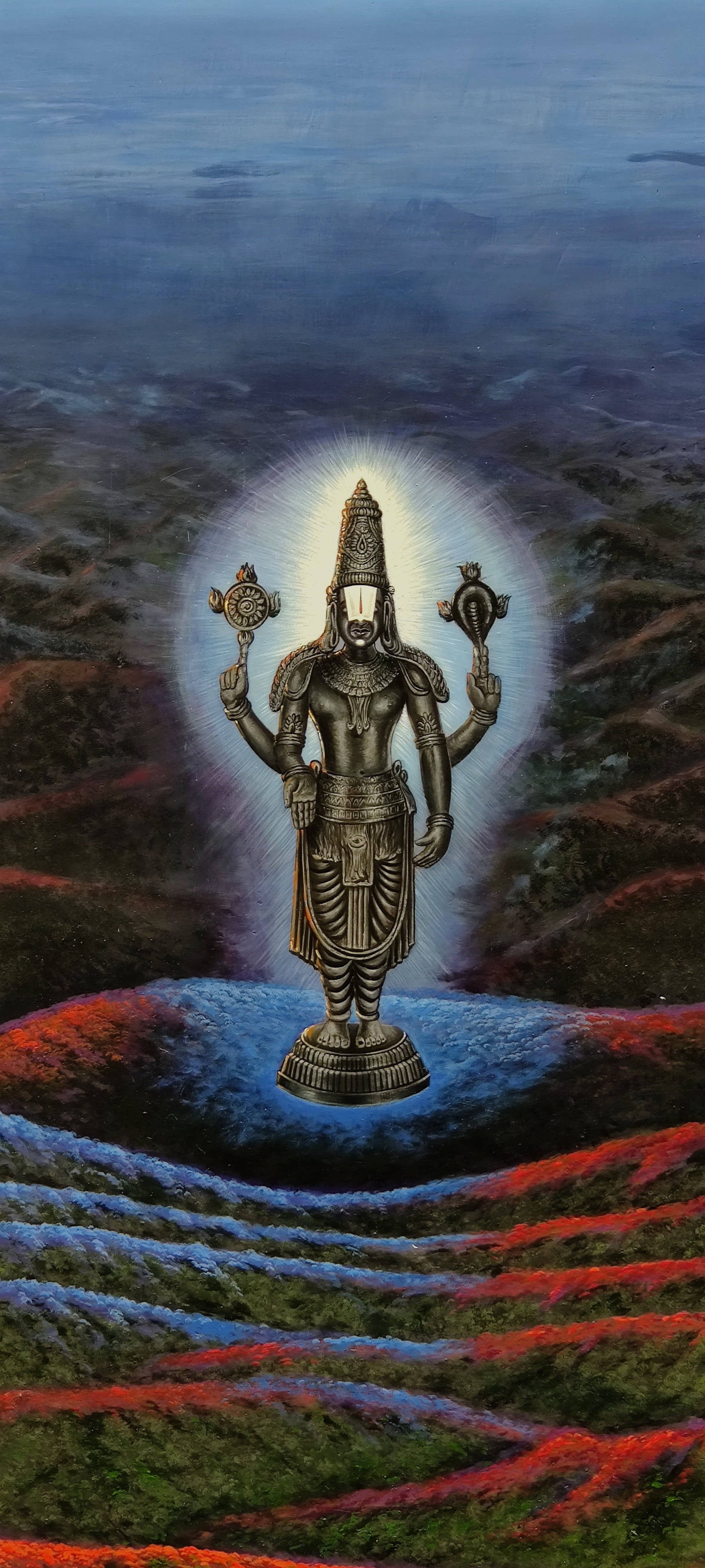 Venkateswara Swamy, black metallic, four-armed deity, 4K Phone Wallpaper